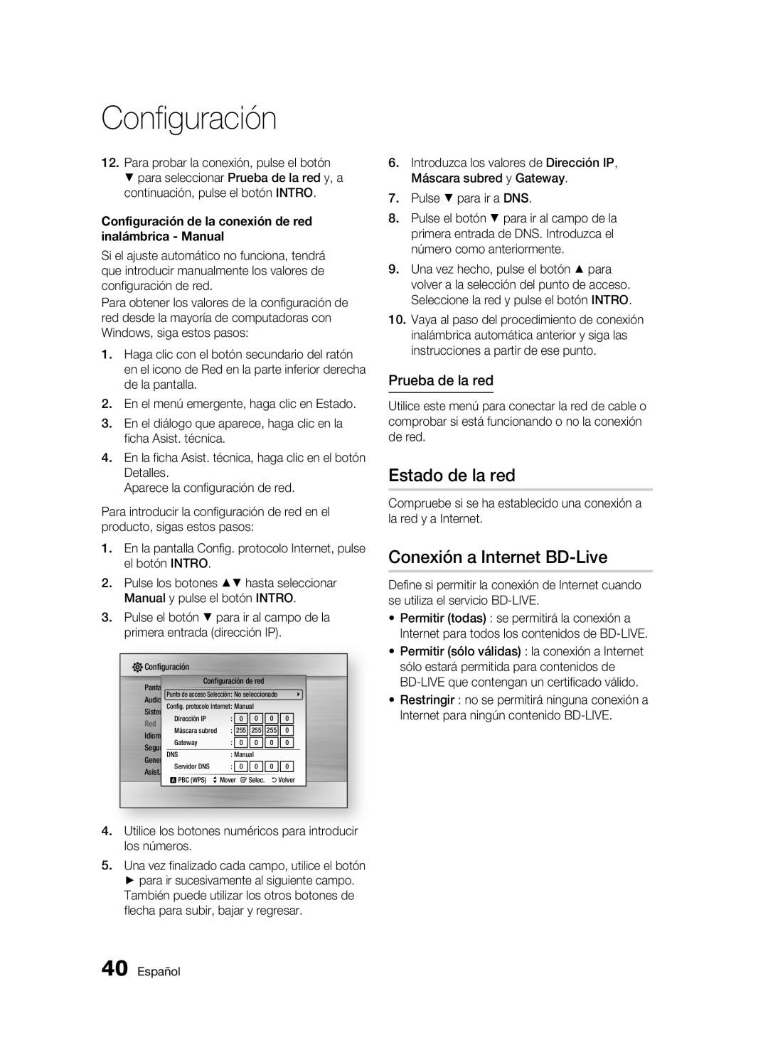 Samsung BD-C5900/XEF manual Estado de la red, Conexión a Internet BD-Live, Prueba de la red 