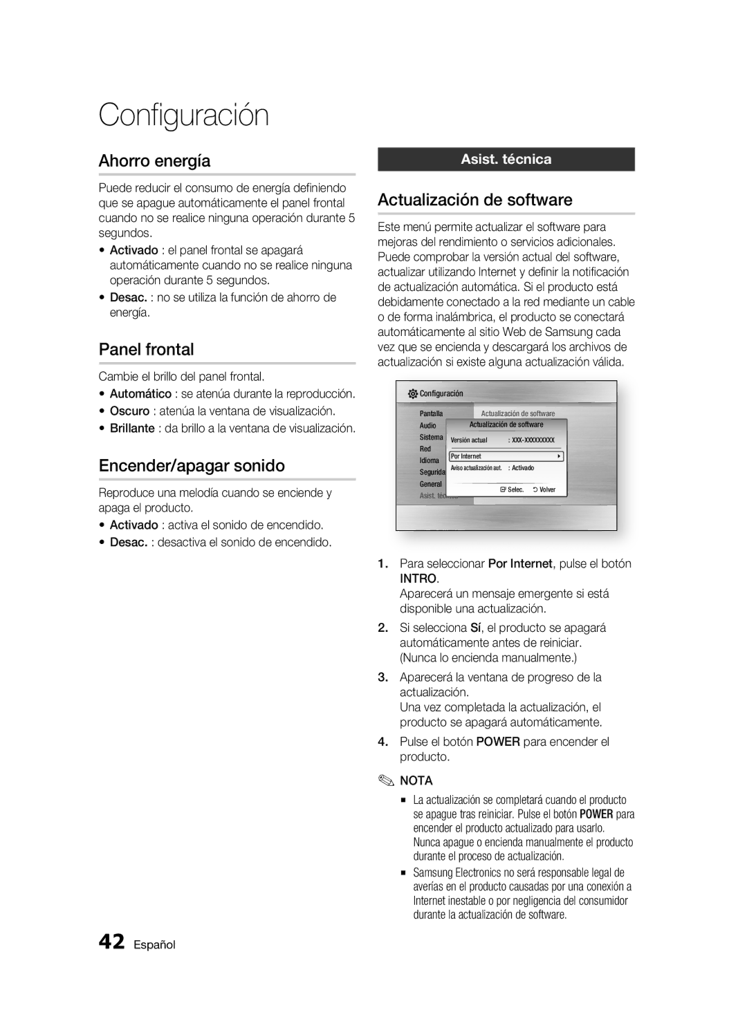 Samsung BD-C5900/XEF Ahorro energía, Panel frontal, Encender/apagar sonido, Actualización de software, Asist. técnica 