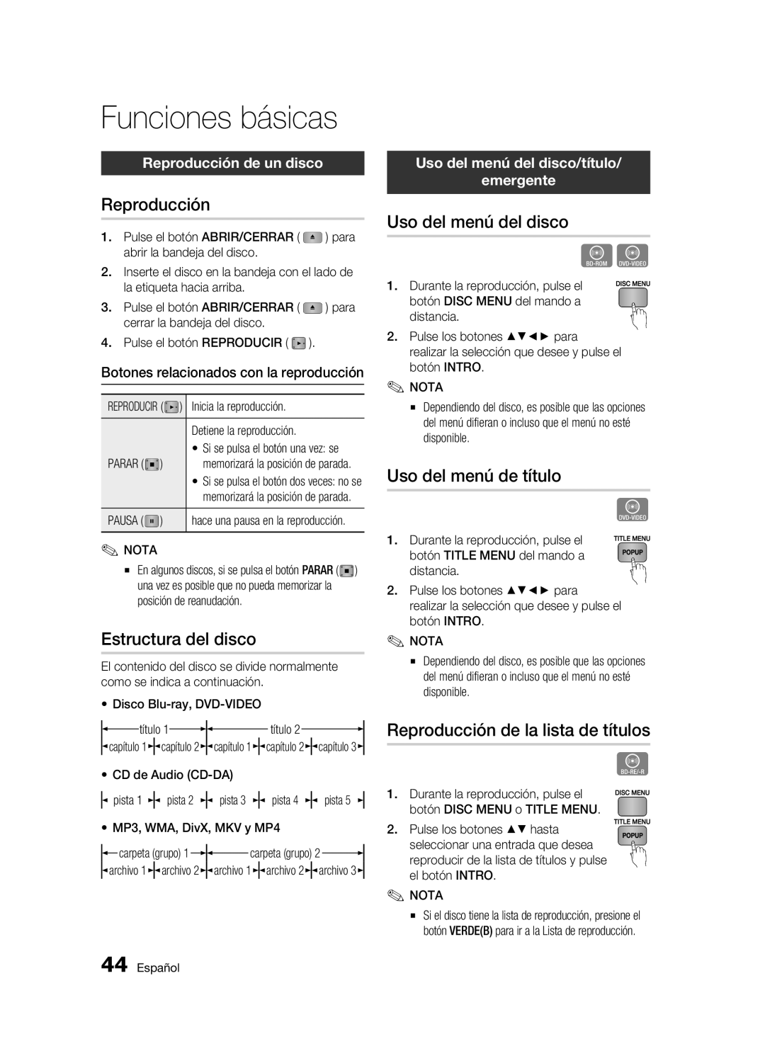 Samsung BD-C5900/XEF manual Funciones básicas 