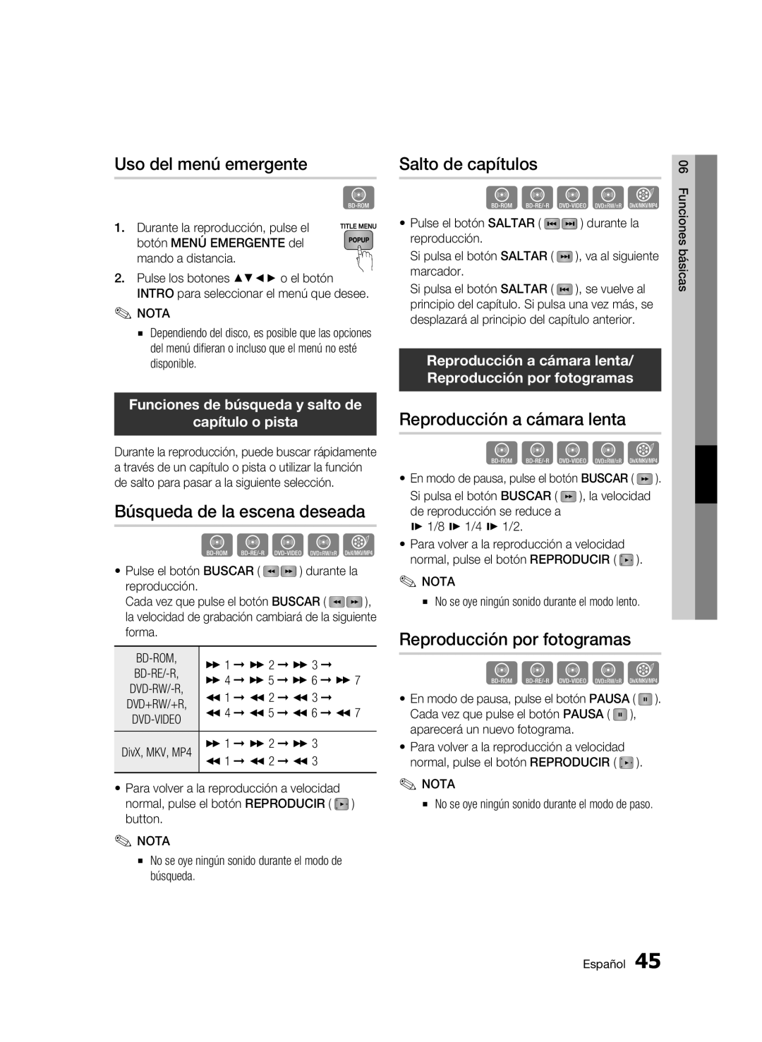 Samsung BD-C5900/XEF manual Uso del menú emergente, Búsqueda de la escena deseada, Salto de capítulos 