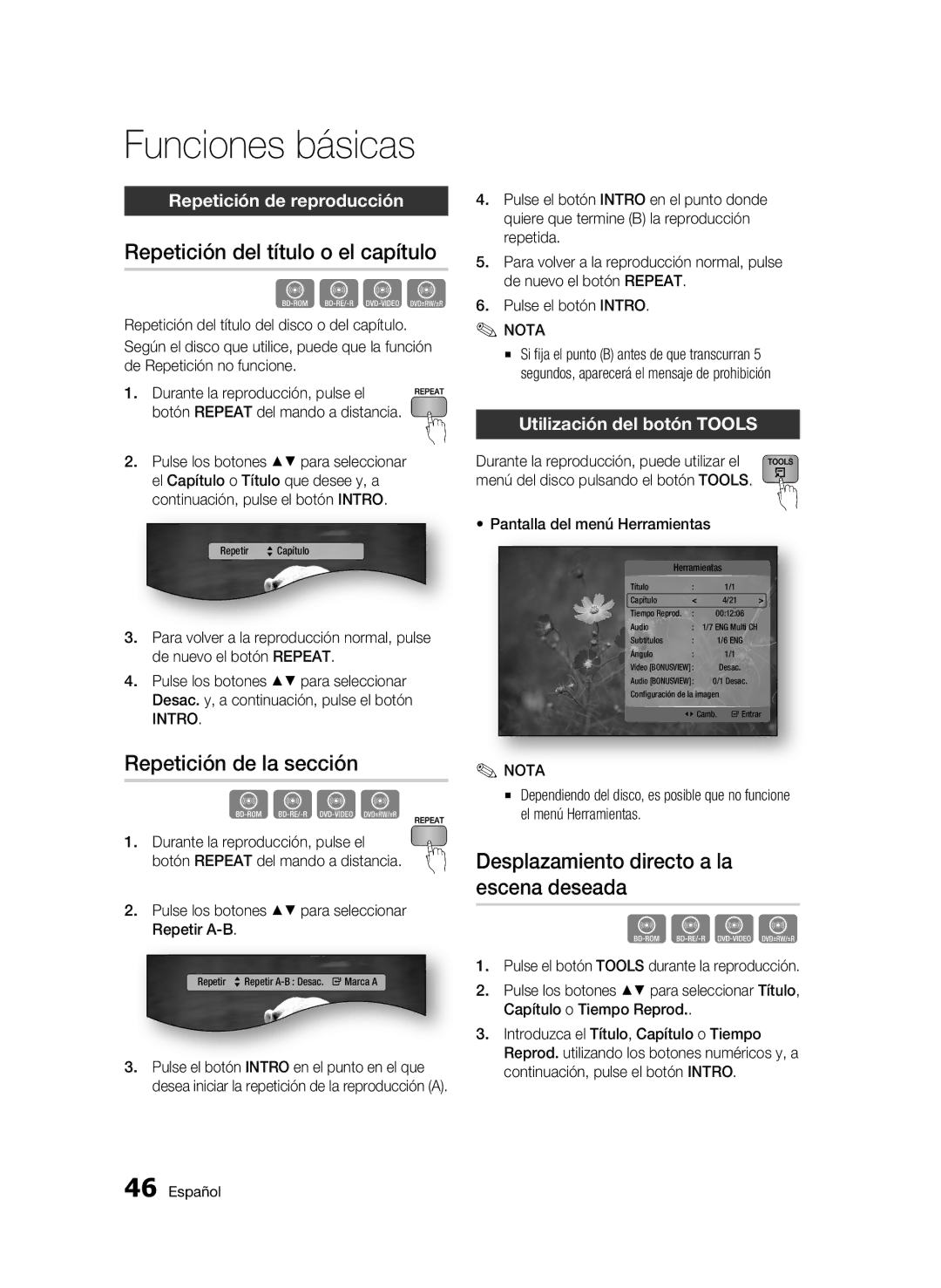 Samsung BD-C5900/XEF manual Repetición del título o el capítulo, Repetición de la sección, Repetición de reproducción 