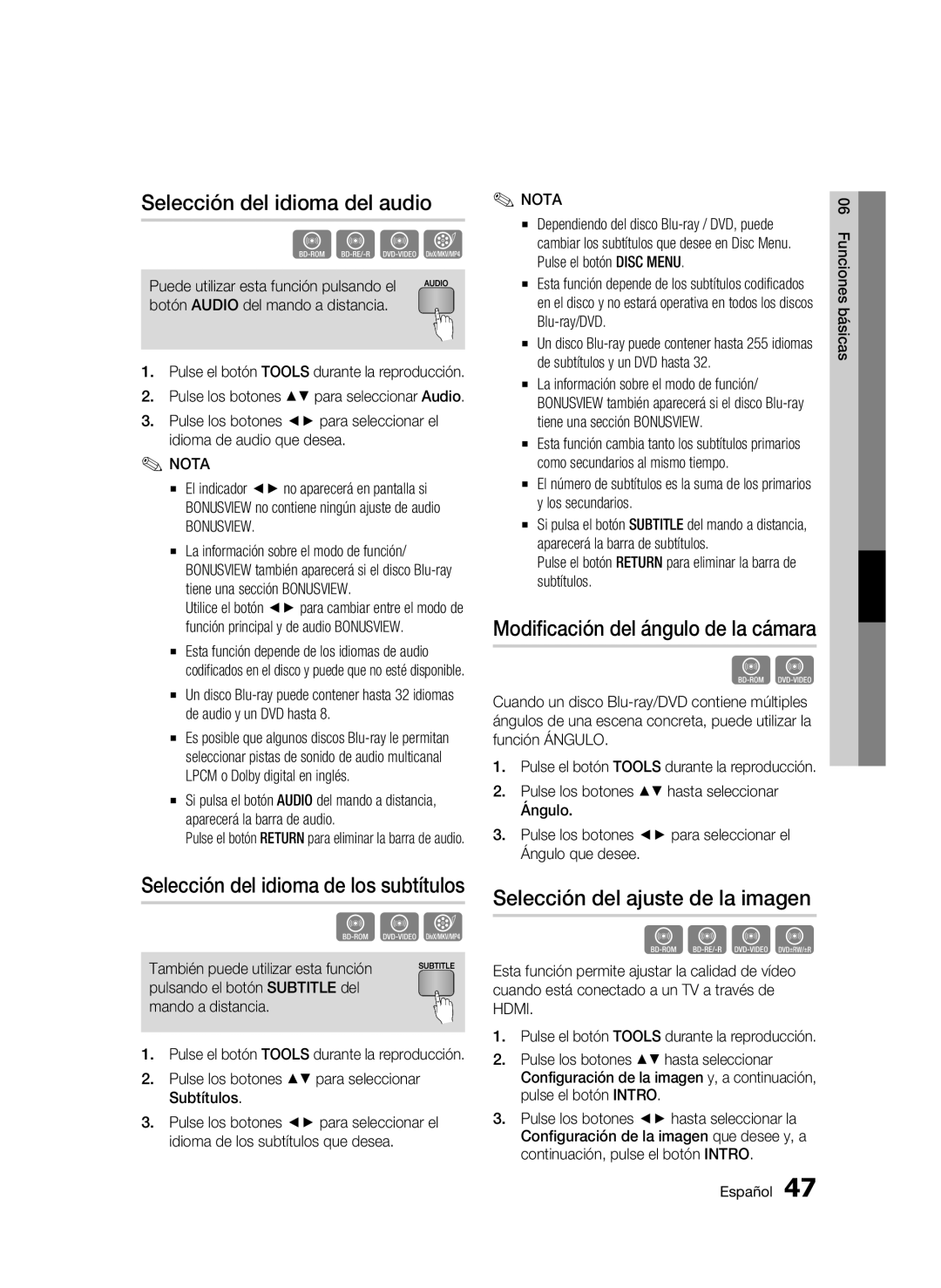 Samsung BD-C5900/XEF manual Selección del idioma del audio, Selección del ajuste de la imagen, Bonusview 