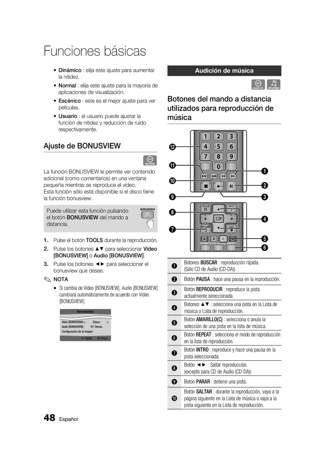 Samsung BD-C5900/XEF manual Ajuste de Bonusview, Audición de música 