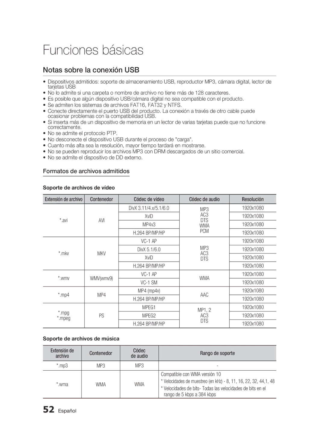 Samsung BD-C5900/XEF manual Notas sobre la conexión USB, Formatos de archivos admitidos, Compatible con WMA versión 