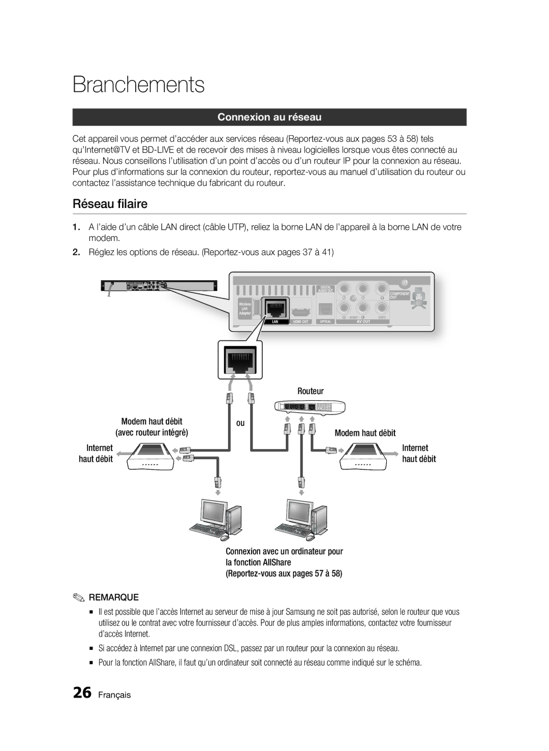 Samsung BD-C5900/XEF manual Réseau filaire, Connexion au réseau 