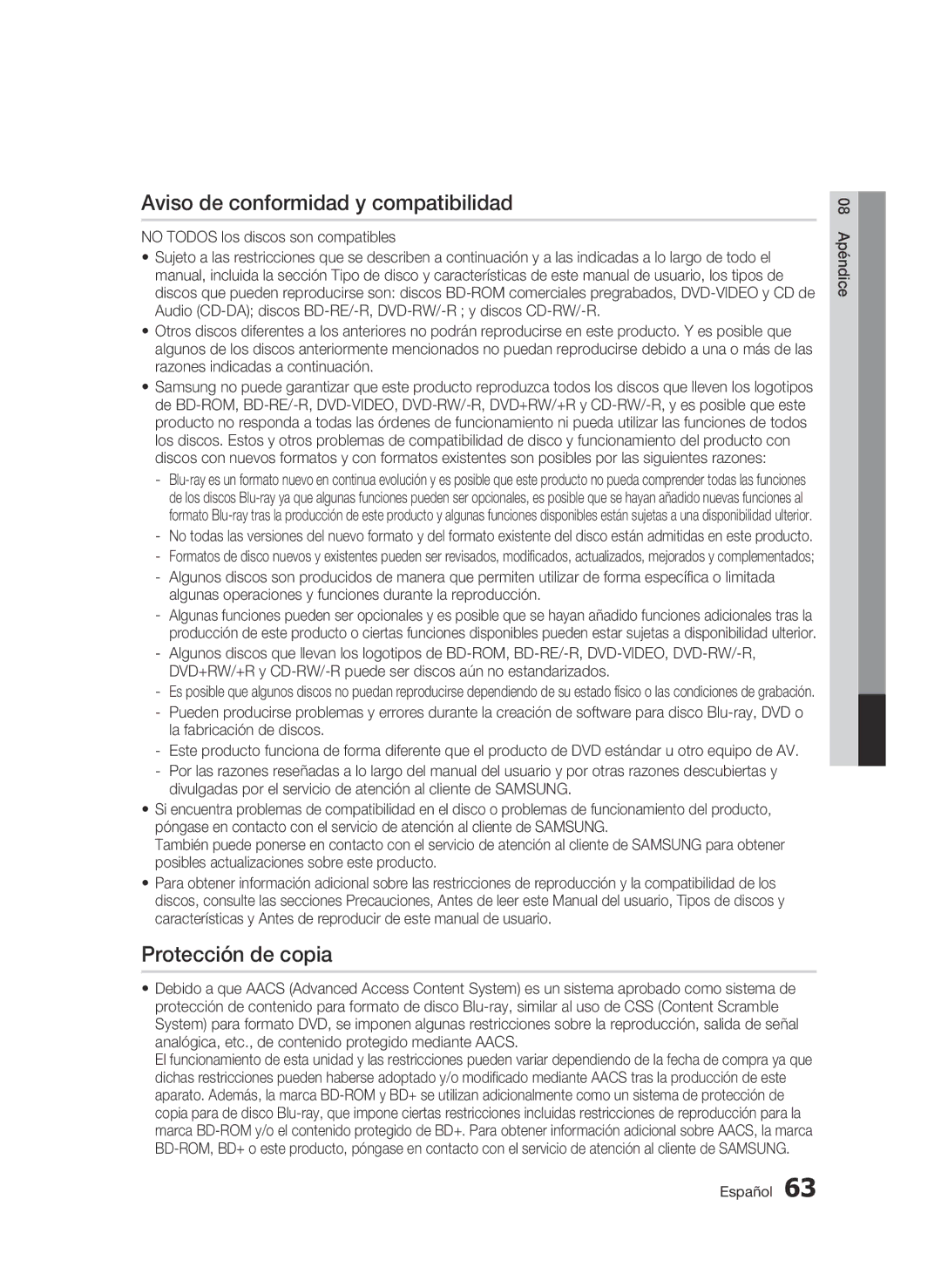 Samsung BD-C5900/XEF manual Aviso de conformidad y compatibilidad, Protección de copia 