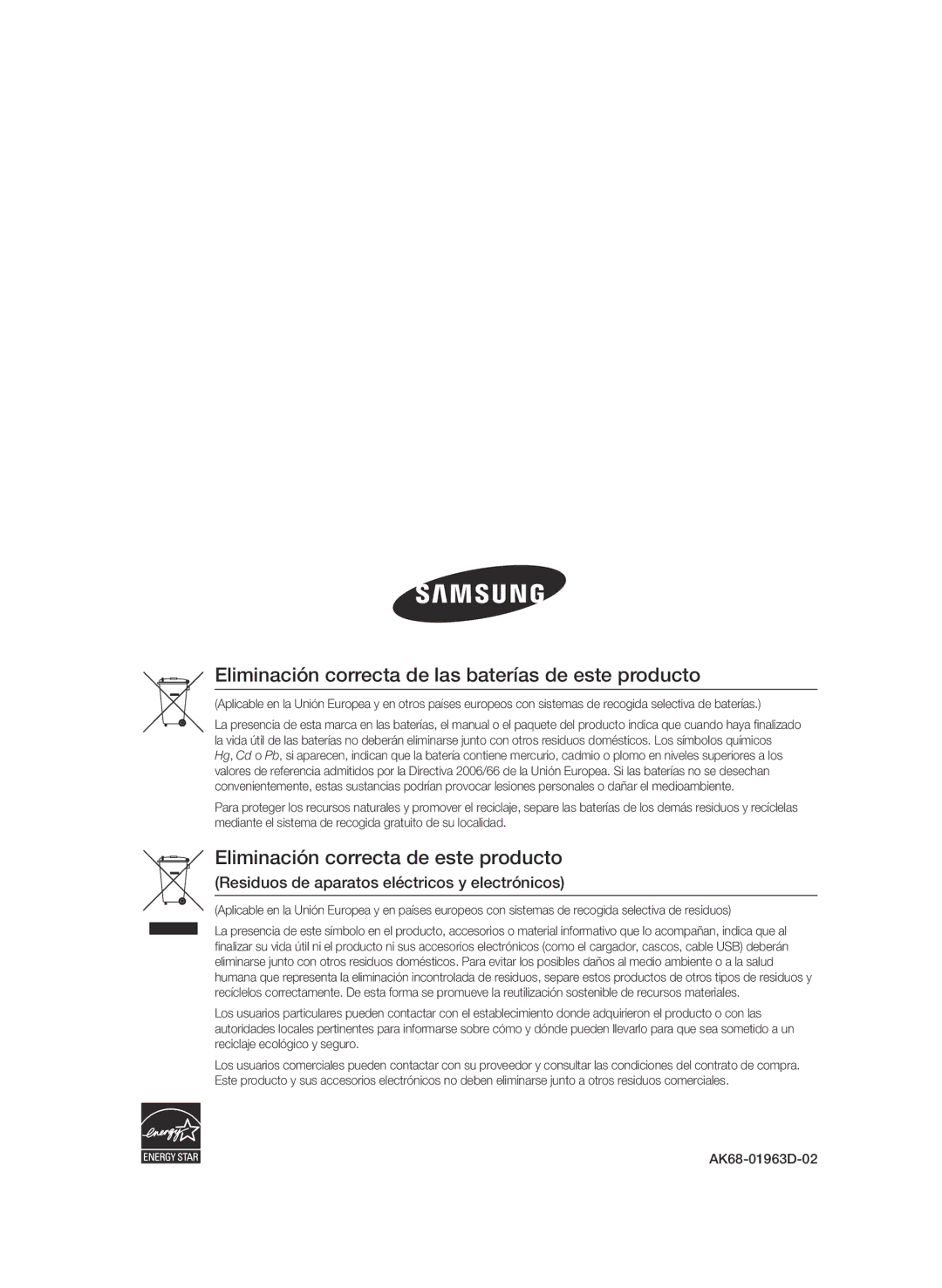 Samsung BD-C5900/XEF manual Eliminación correcta de las baterías de este producto, AK68-01963D-02 