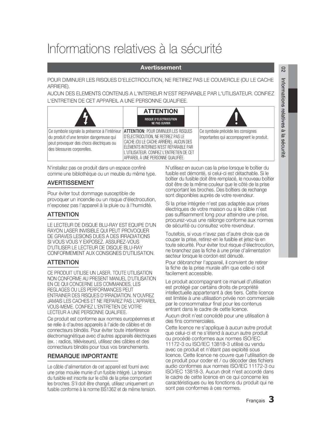 Samsung BD-C5900/XEF manual Informations relatives à la sécurité, Avertissement, Ce symbole précède les consignes 