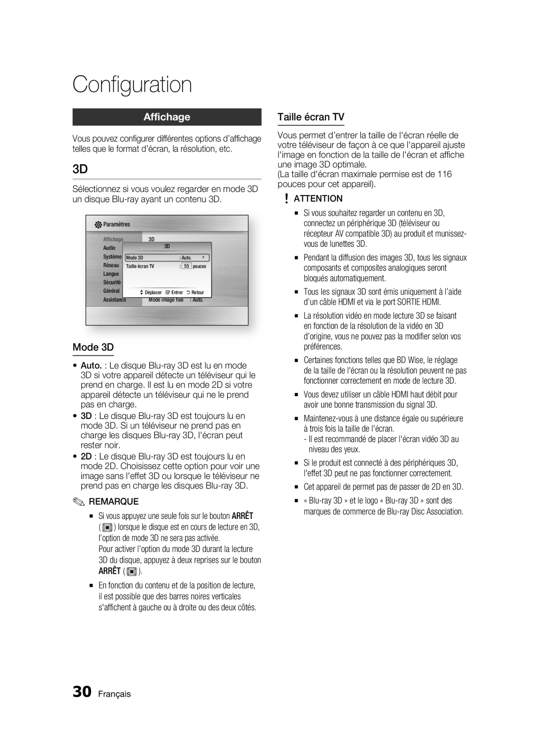 Samsung BD-C5900/XEF manual Affichage, Mode 3D, Taille écran TV, Cet appareil de permet pas de passer de 2D en 3D 