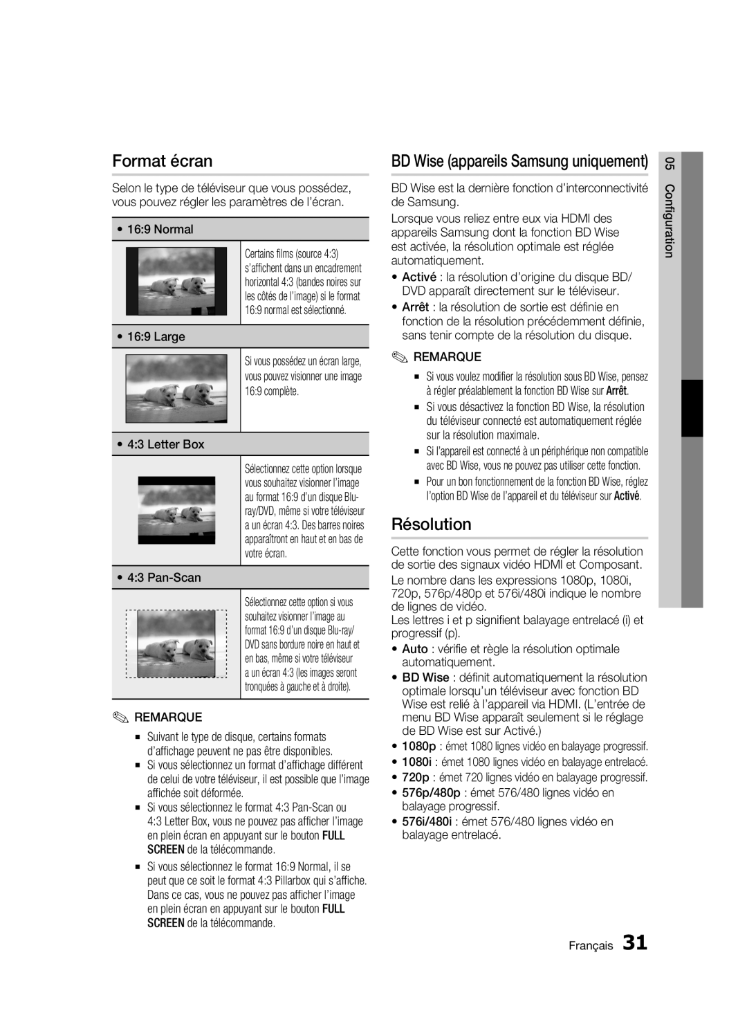 Samsung BD-C5900/XEF manual Format écran, Résolution 