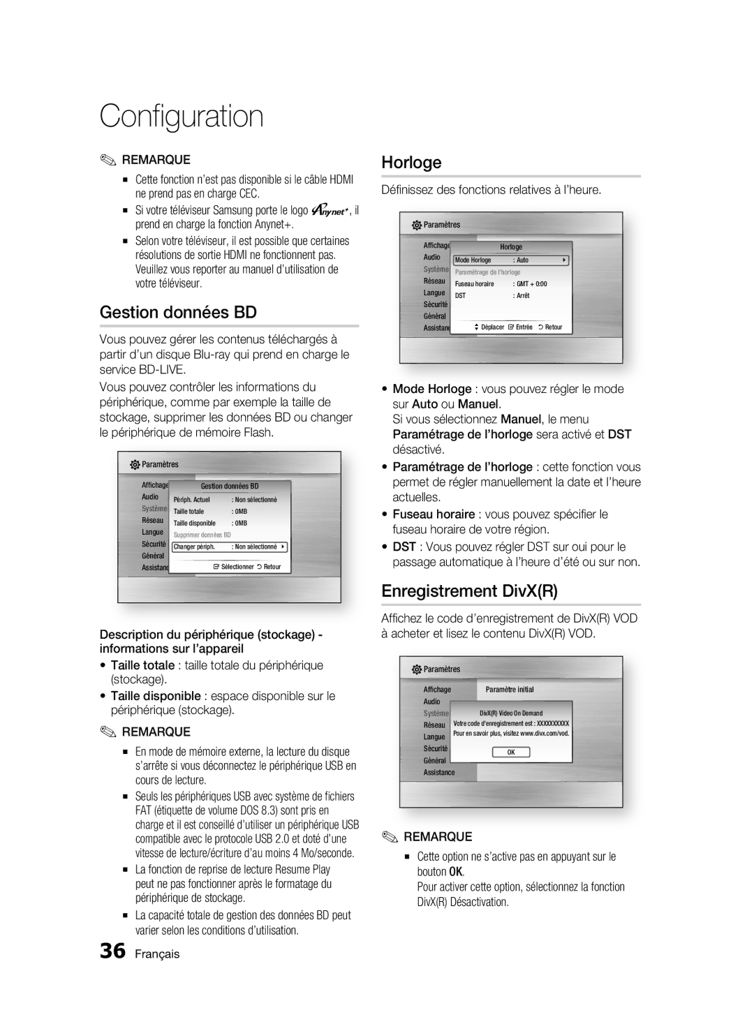 Samsung BD-C5900/XEF manual Gestion données BD, Horloge, Enregistrement DivXR, Définissez des fonctions relatives à l’heure 