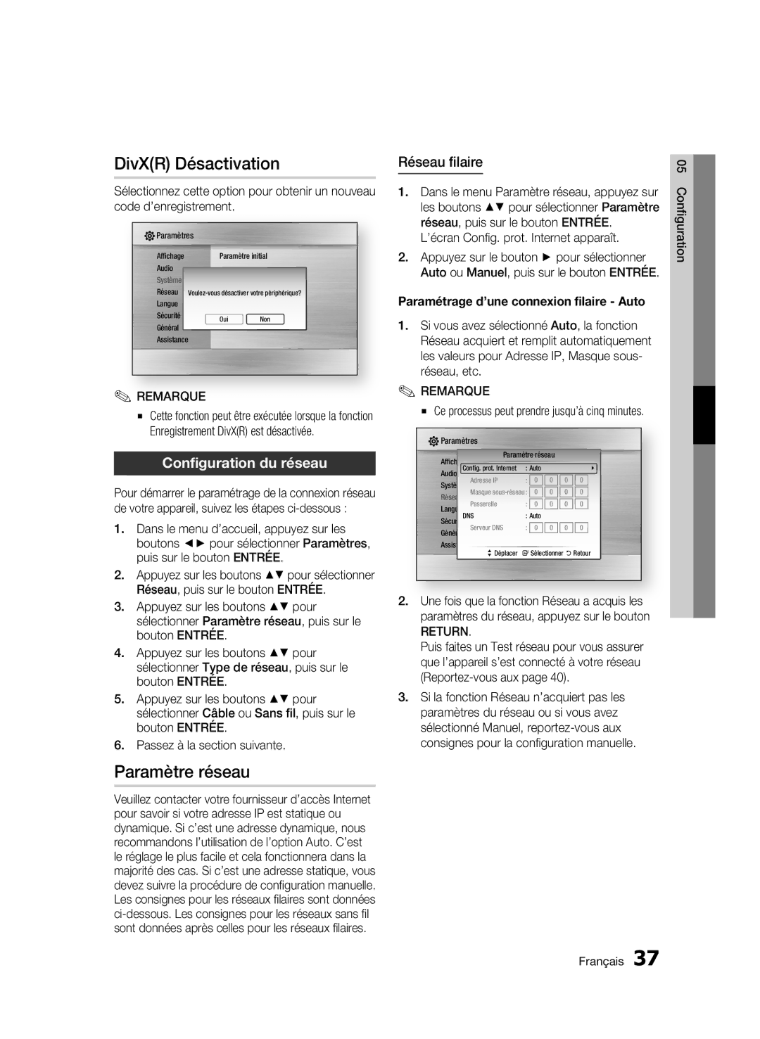 Samsung BD-C5900/XEF manual DivXR Désactivation, Paramètre réseau, Configuration du réseau, Réseau filaire, Return 