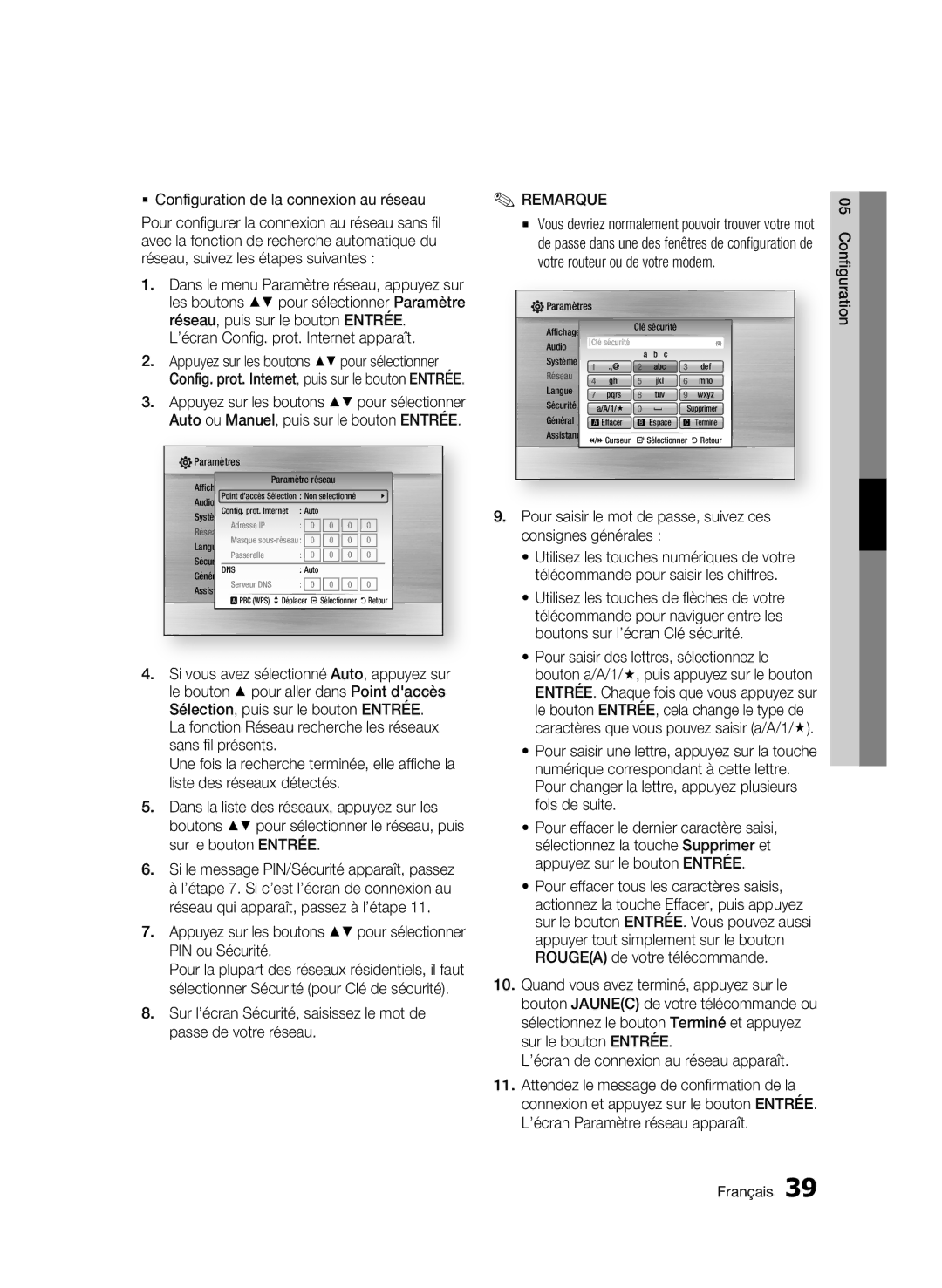 Samsung BD-C5900/XEF  Configuration de la connexion au réseau, Appuyez sur les boutons pour sélectionner PIN ou Sécurité 