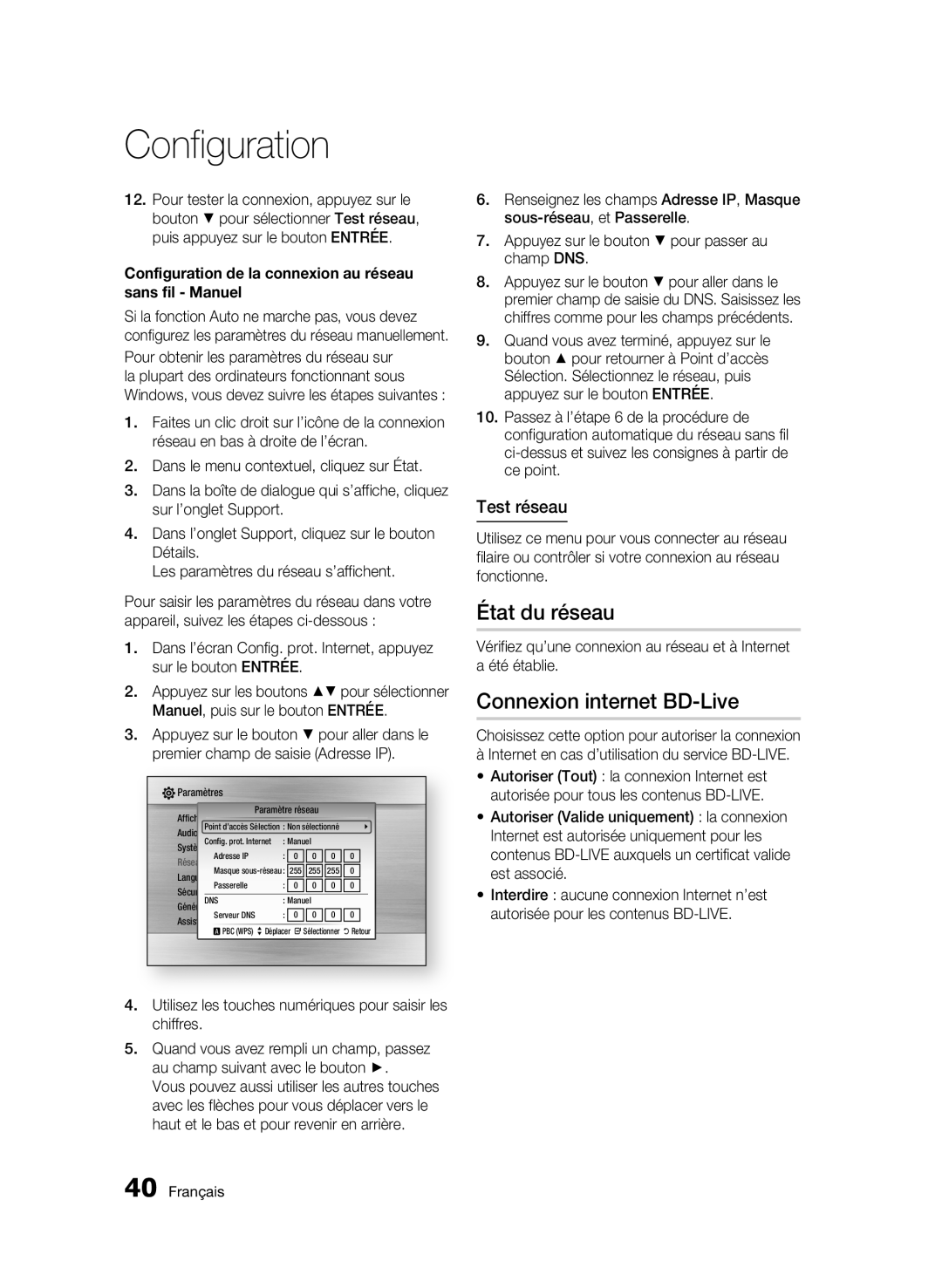 Samsung BD-C5900/XEF manual État du réseau, Connexion internet BD-Live, Test réseau 