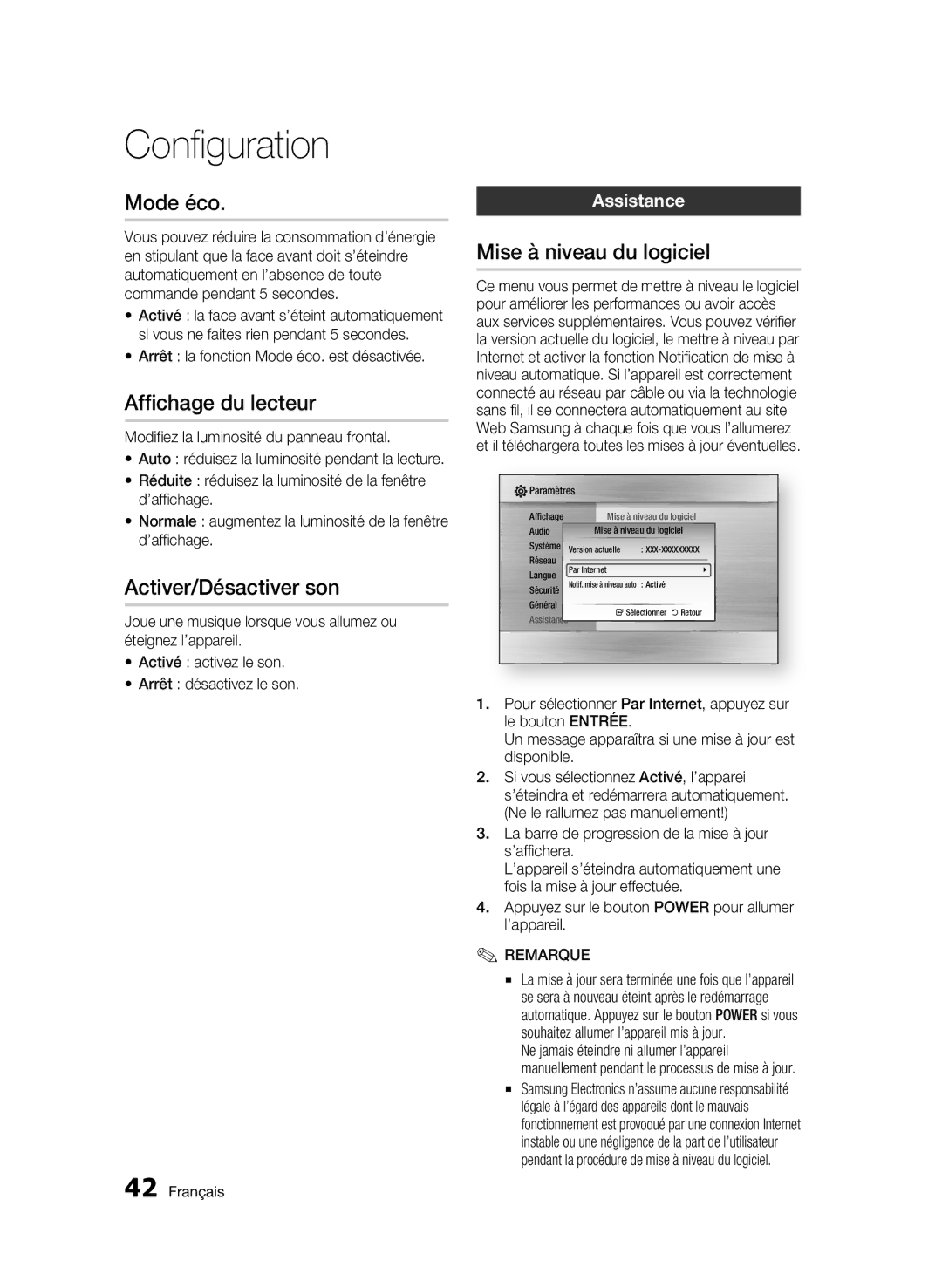 Samsung BD-C5900/XEF manual Mode éco, Affichage du lecteur, Activer/Désactiver son, Mise à niveau du logiciel, Assistance 