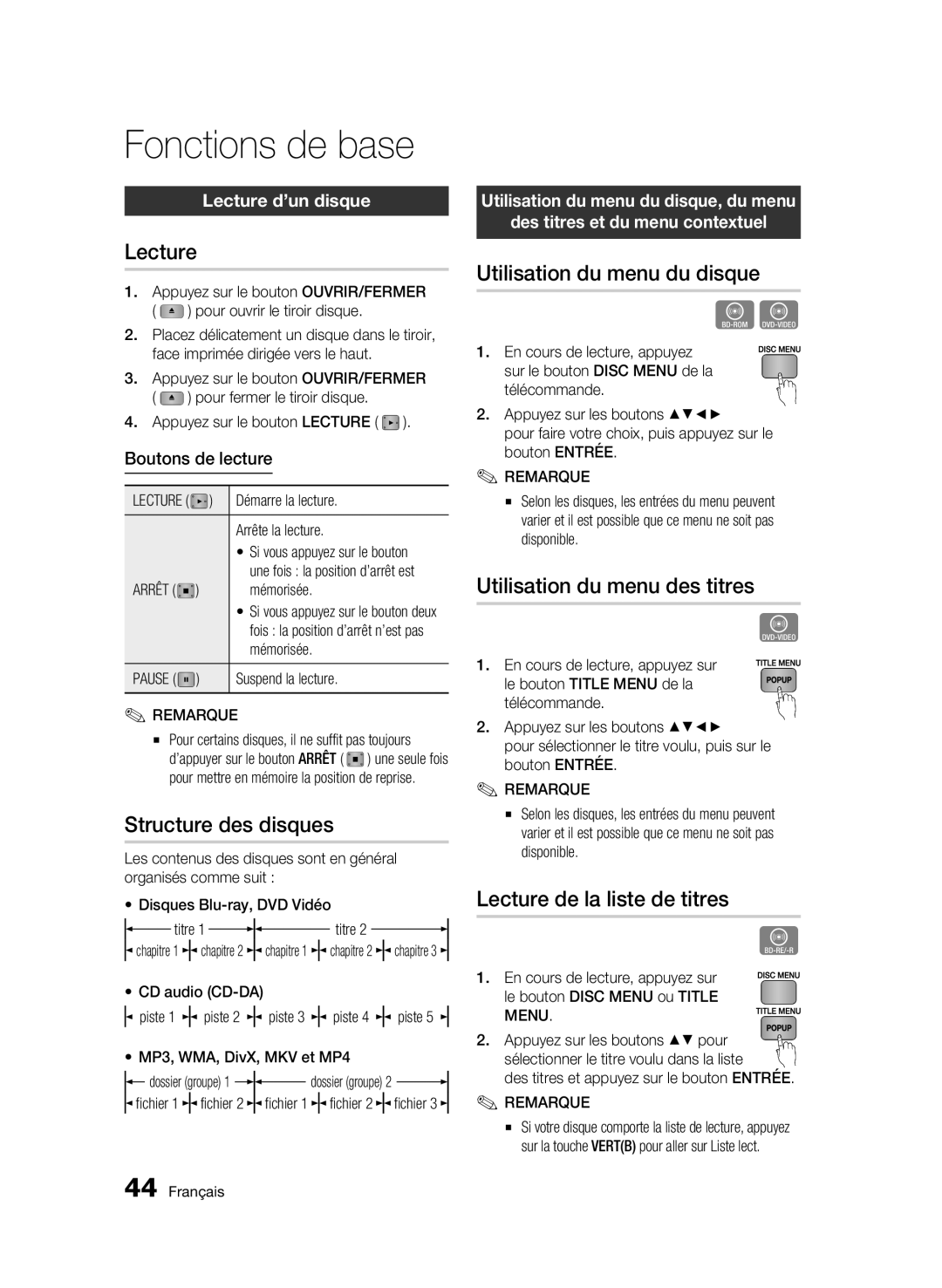 Samsung BD-C5900/XEF manual Fonctions de base 