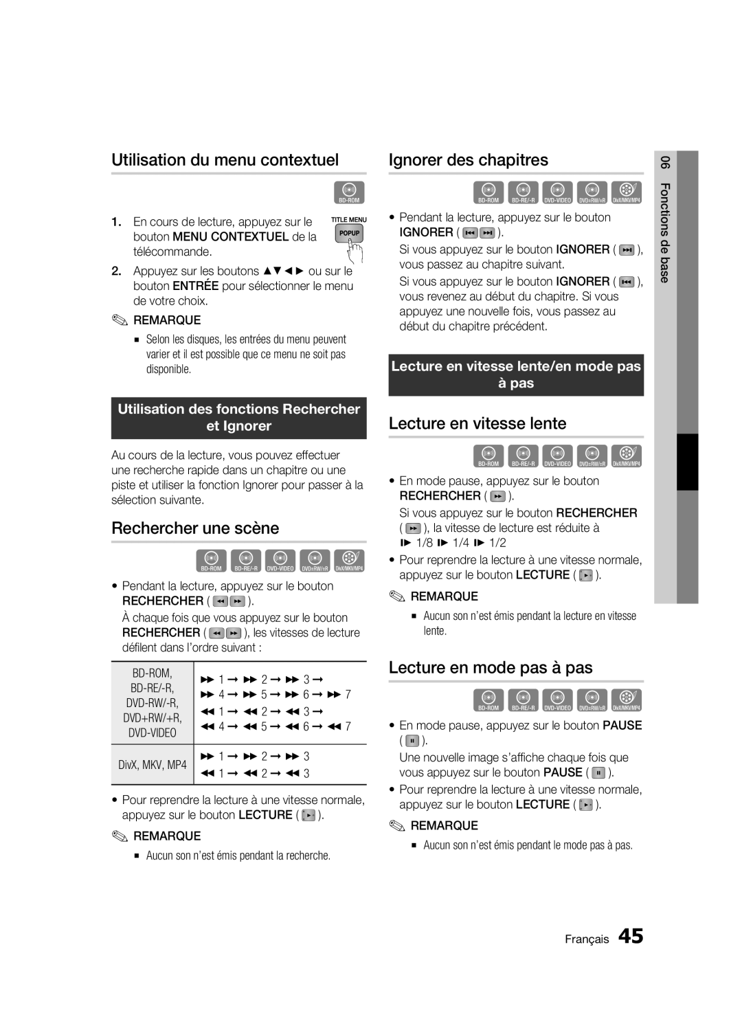 Samsung BD-C5900/XEF Utilisation du menu contextuel, Rechercher une scène, Ignorer des chapitres, Lecture en vitesse lente 