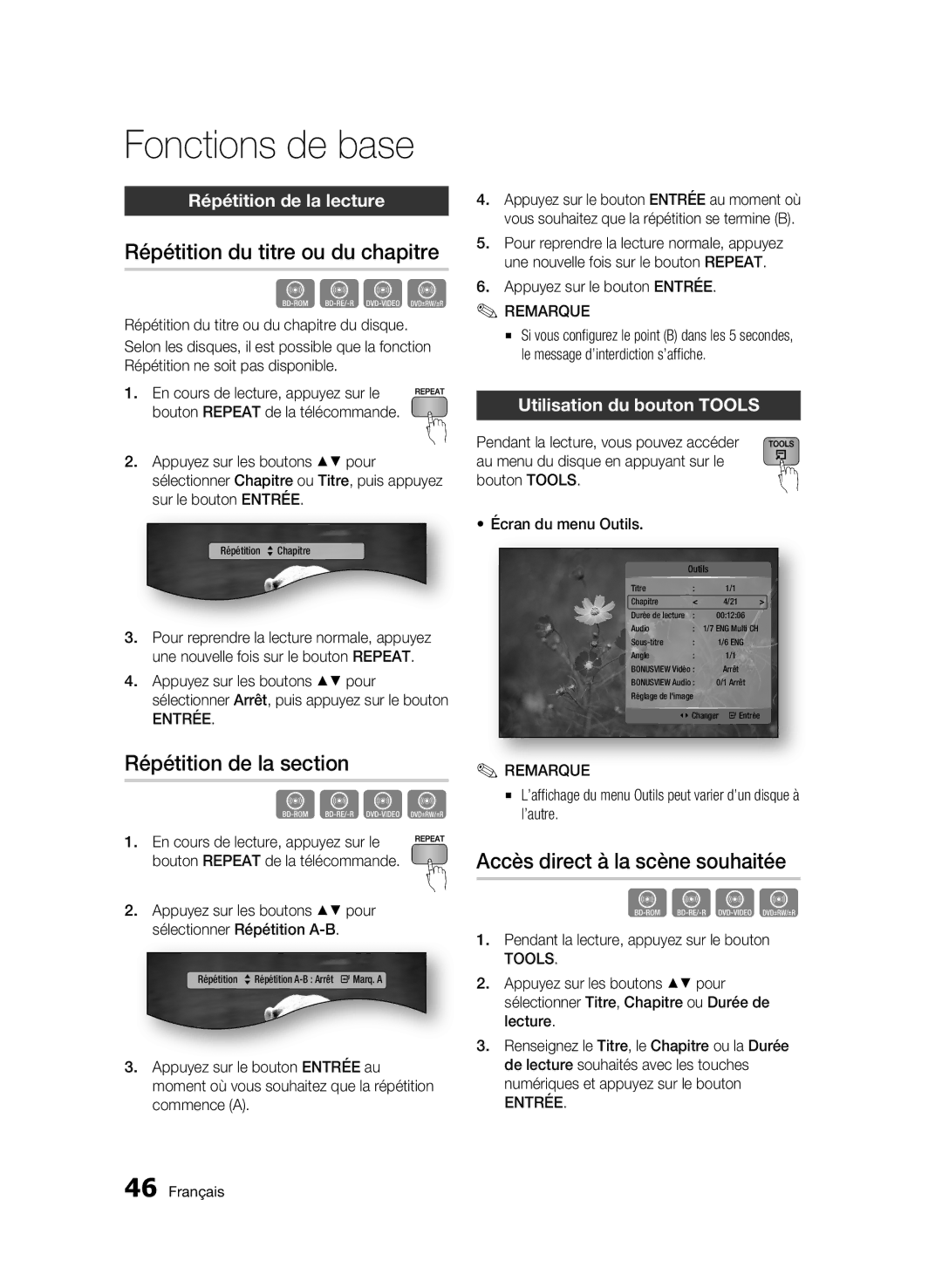 Samsung BD-C5900/XEF manual Répétition du titre ou du chapitre, Répétition de la section, Accès direct à la scène souhaitée 