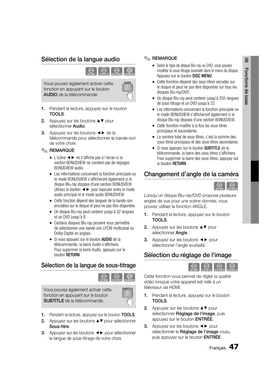 Samsung BD-C5900/XEF manual Sélection de la langue audio, Changement d’angle de la caméra, Sélection du réglage de l’image 