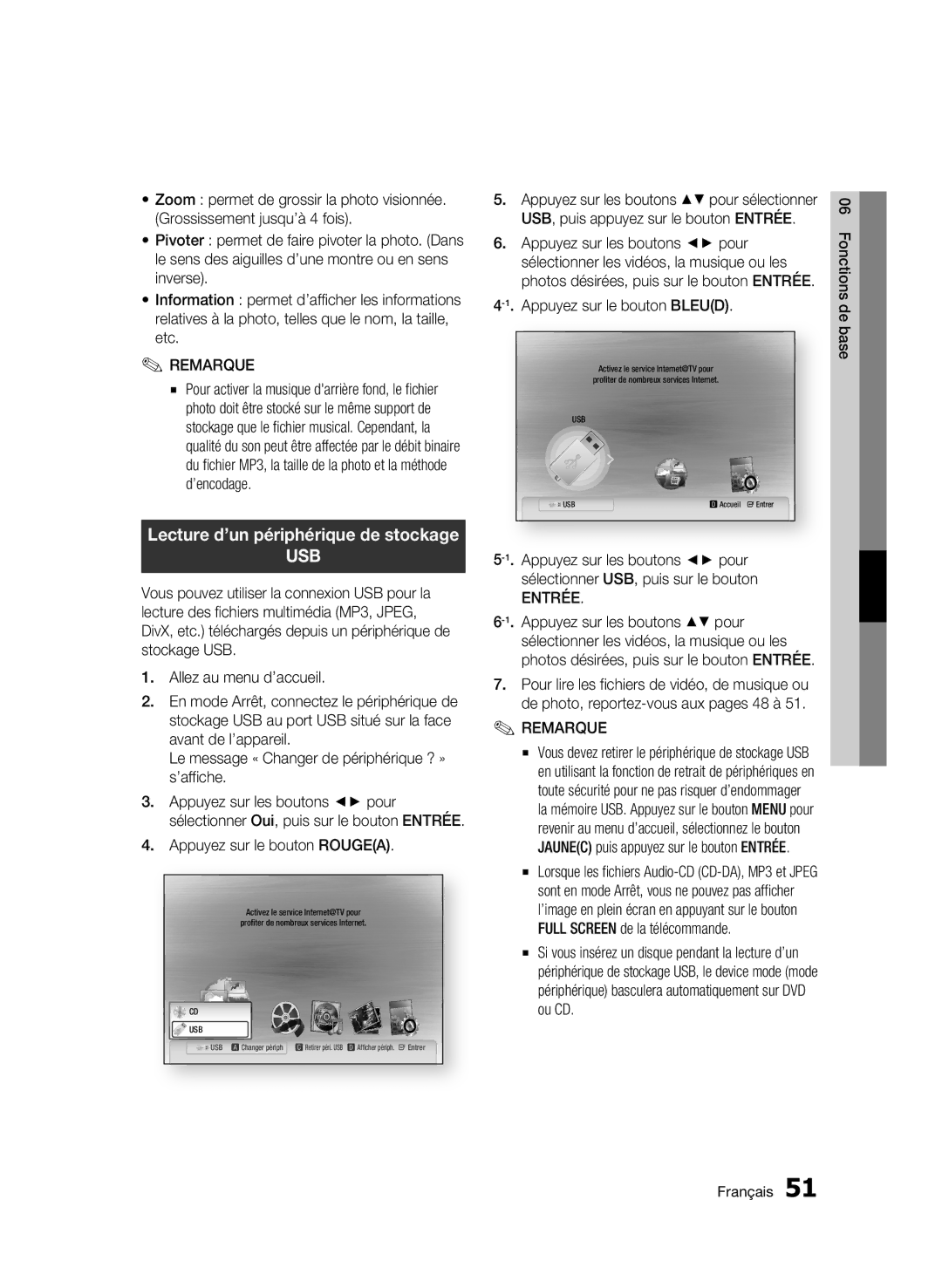 Samsung BD-C5900/XEF Lecture d’un périphérique de stockage, Appuyez sur le bouton Rougea, Appuyez sur le bouton Bleud 