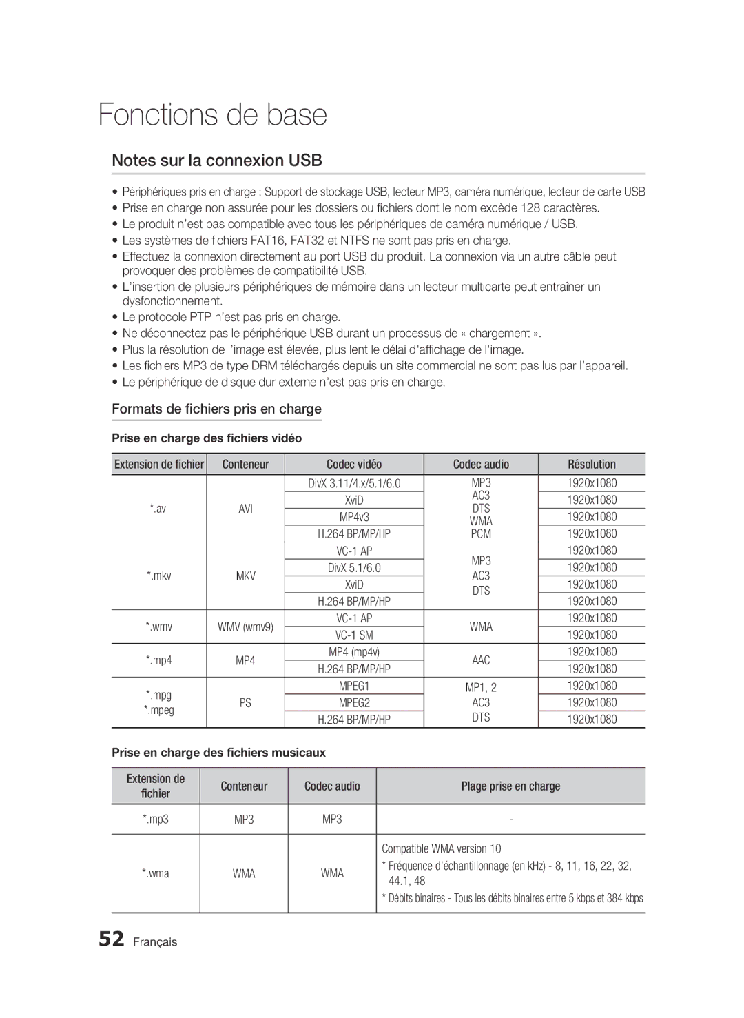 Samsung BD-C5900/XEF manual Formats de fichiers pris en charge, 1920x1080, Prise en charge des fichiers musicaux, 44.1 