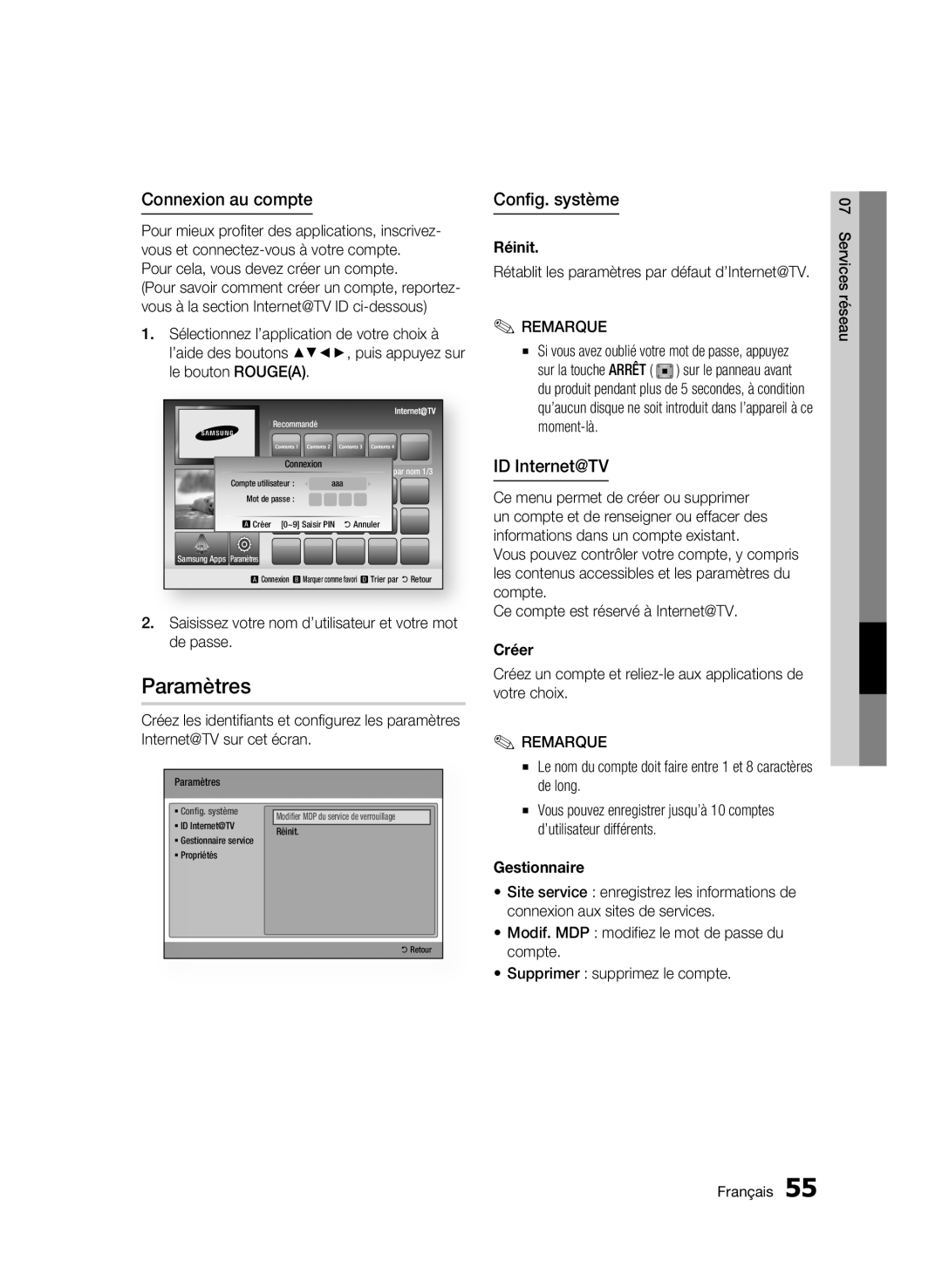 Samsung BD-C5900/XEF manual Paramètres, Connexion au compte, Config. système, ID Internet@TV 