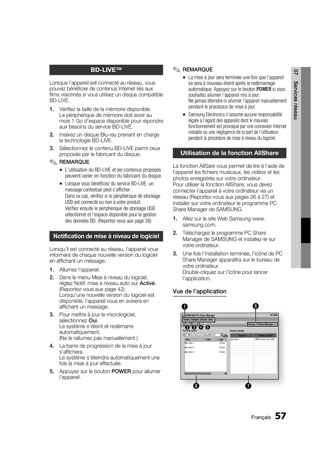 Samsung BD-C5900/XEF Notification de mise à niveau de logiciel, Utilisation de la fonction AllShare, Vue de l’application 