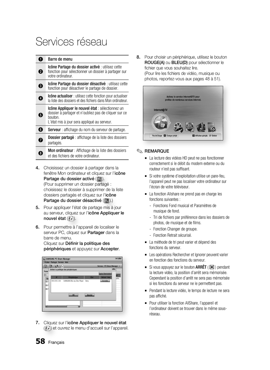 Samsung BD-C5900/XEF manual Barre de menu, Partagés, Fonction Changer de groupe Fonction Retrait sécurisé 