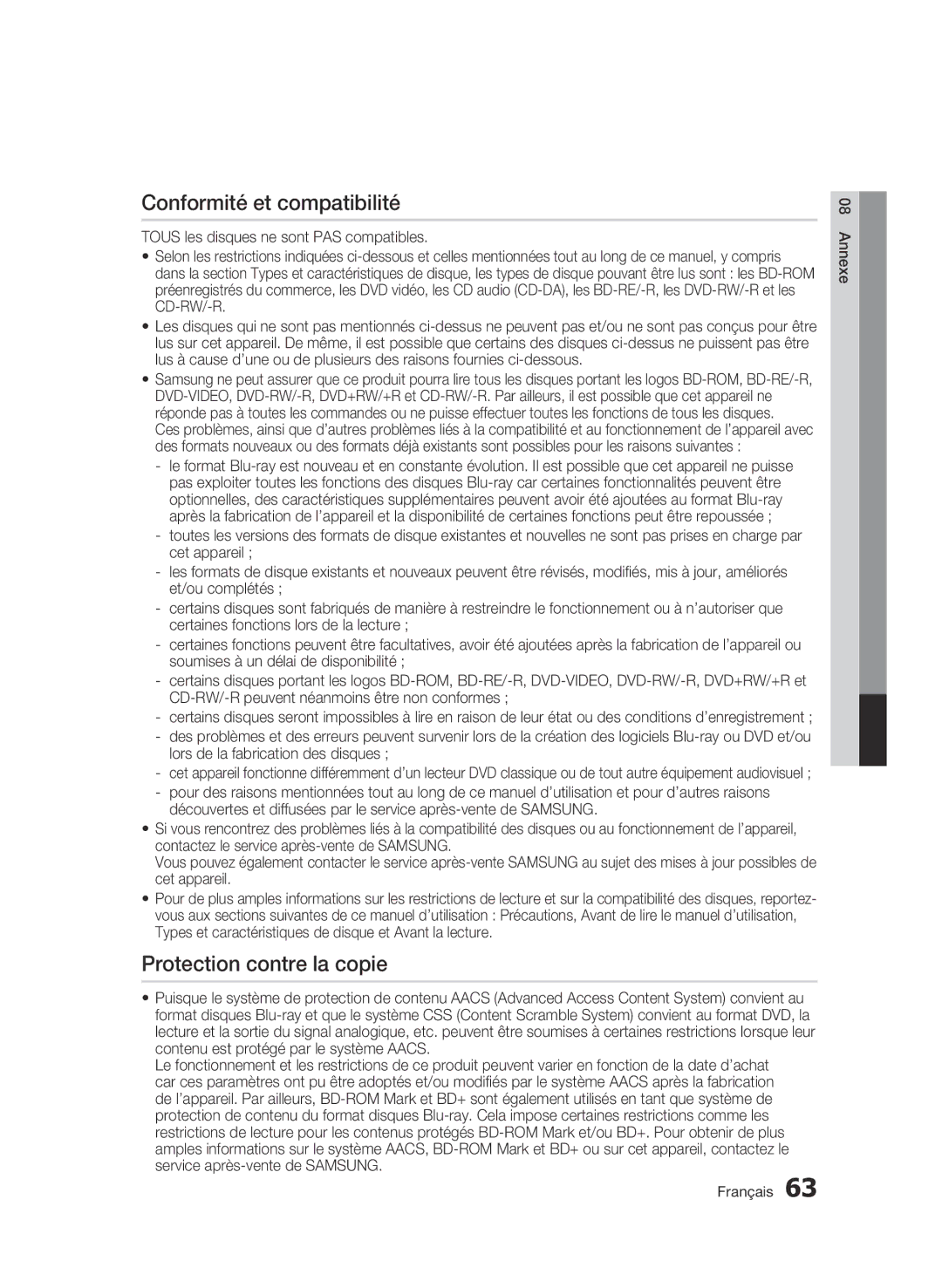 Samsung BD-C5900/XEF manual Conformité et compatibilité, Protection contre la copie, Lors de la fabrication des disques 