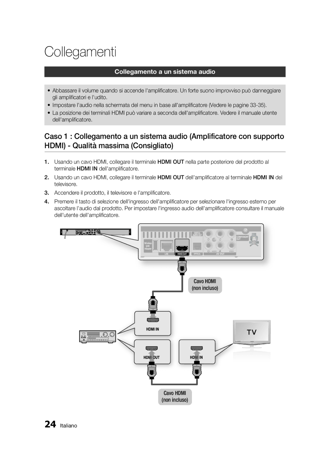 Samsung BD-C5900/XEF manual Collegamento a un sistema audio, Cavo Hdmi non incluso 