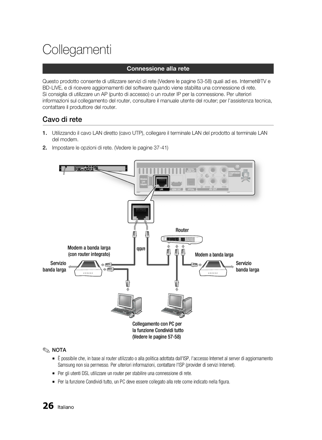 Samsung BD-C5900/XEF manual Cavo di rete, Connessione alla rete 