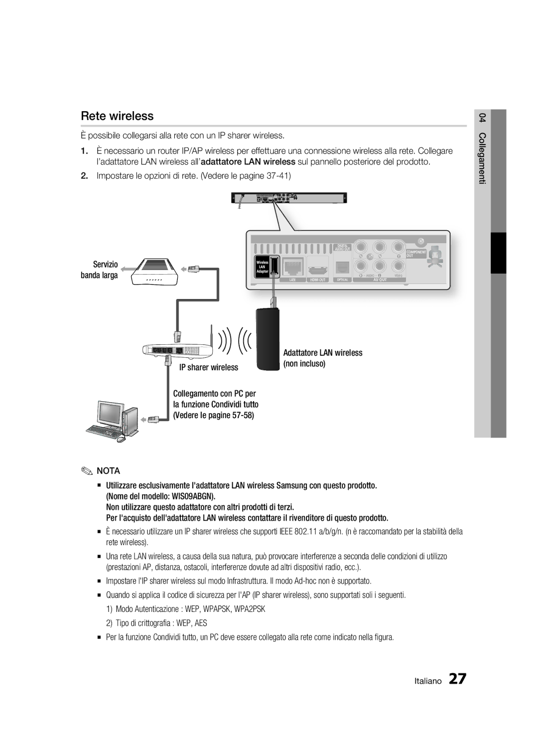 Samsung BD-C5900/XEF manual Rete wireless, Possibile collegarsi alla rete con un IP sharer wireless, Servizio banda larga 