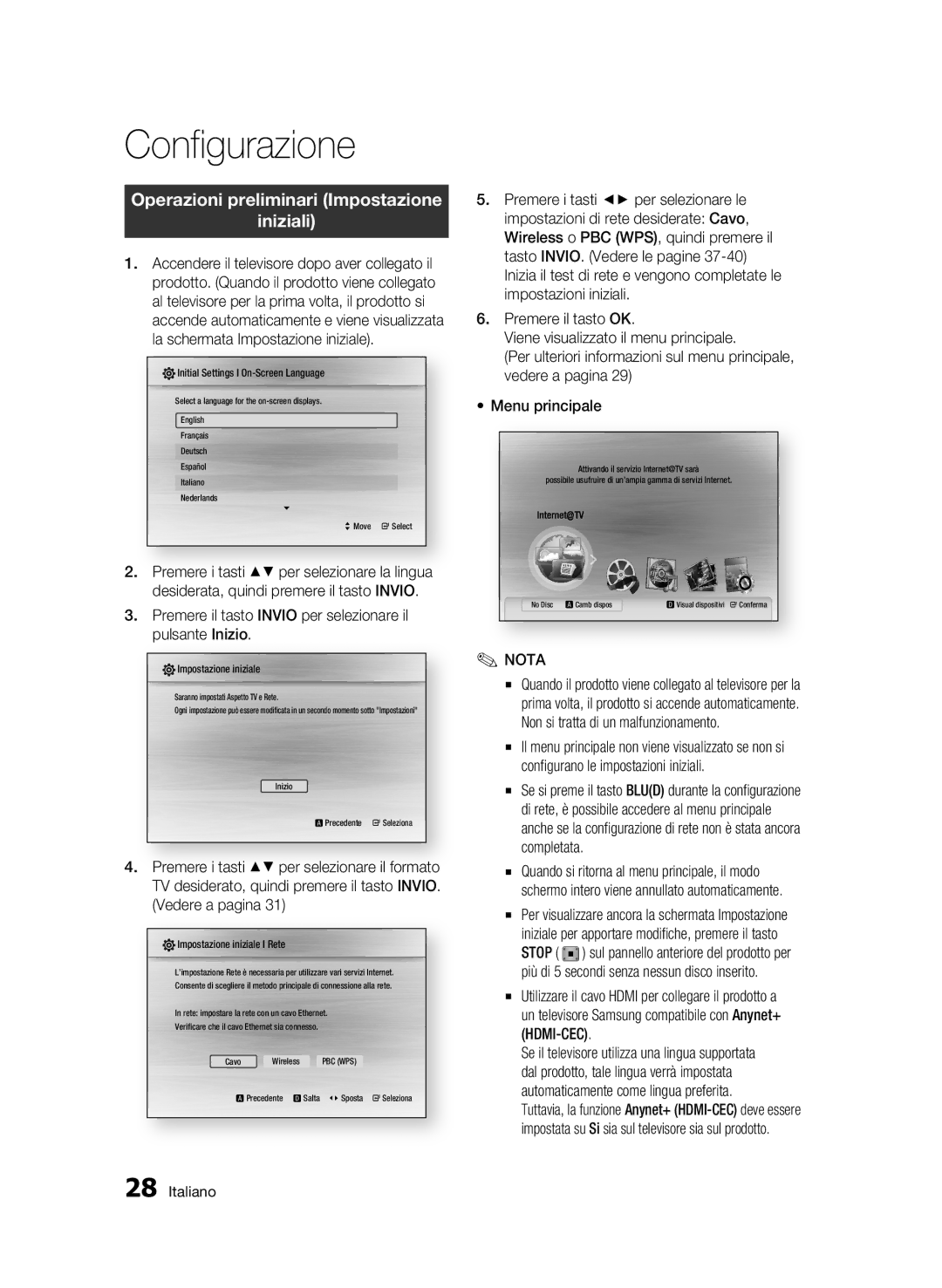 Samsung BD-C5900/XEF manual Configurazione, Operazioni preliminari Impostazione Iniziali 