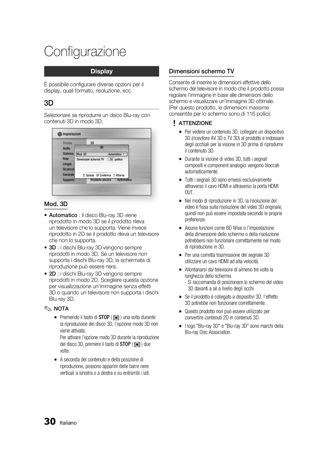 Samsung BD-C5900/XEF manual Display, Mod D, Dimensioni schermo TV 