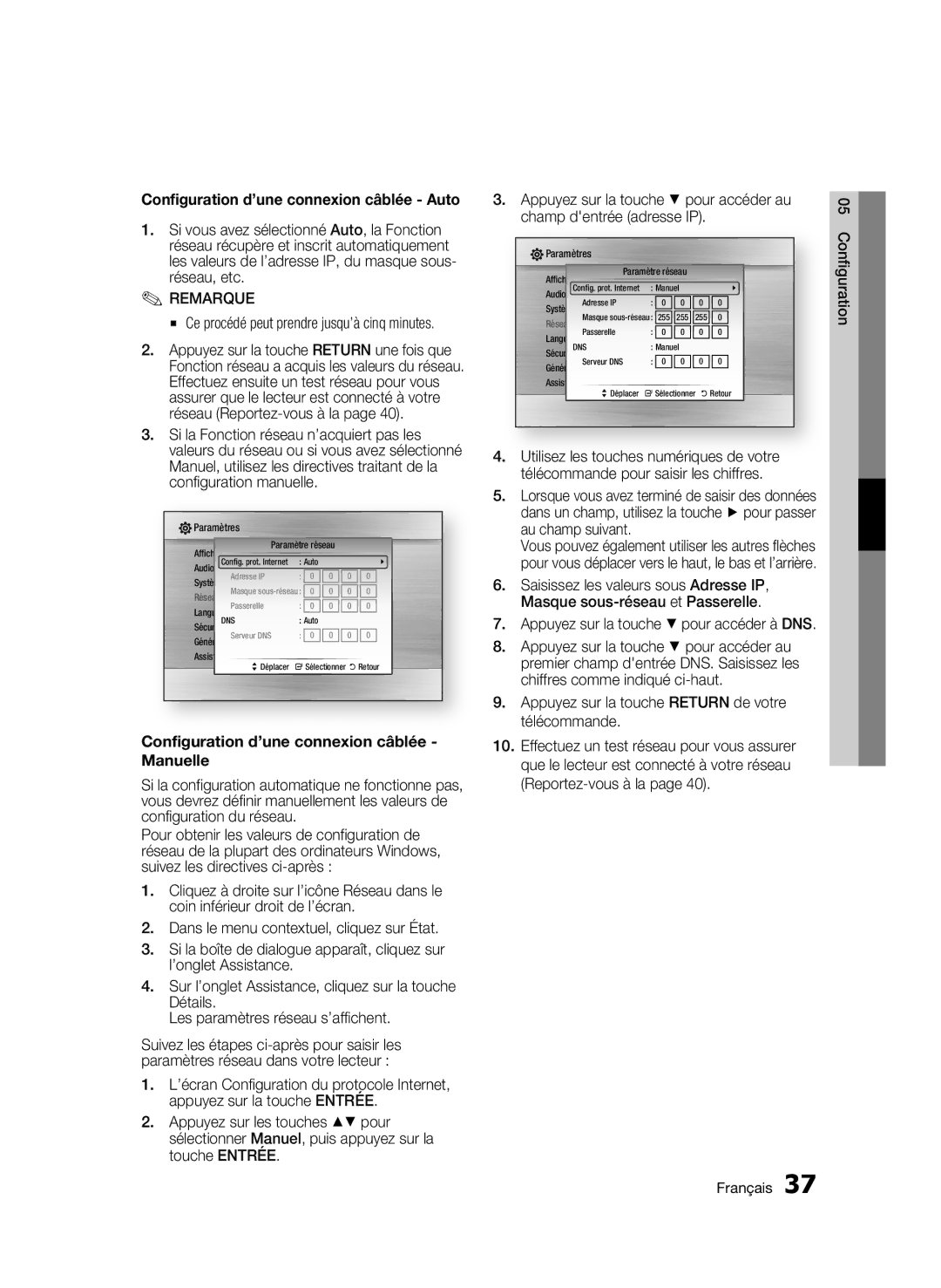 Samsung 01942G-BD-C6300-XAC-0823 user manual Configuration d’une connexion câblée Manuelle 