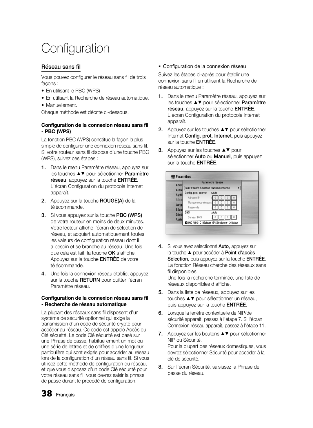 Samsung 01942G-BD-C6300-XAC-0823 user manual Réseau sans fil, Configuration de la connexion réseau sans fil PBC WPS 