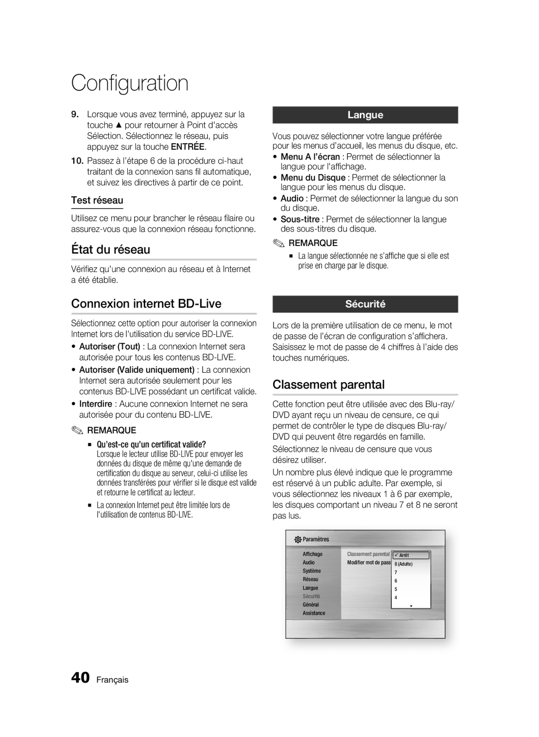 Samsung BD-C6300 user manual État du réseau, Connexion internet BD-Live, Classement parental, Langue, Sécurité 