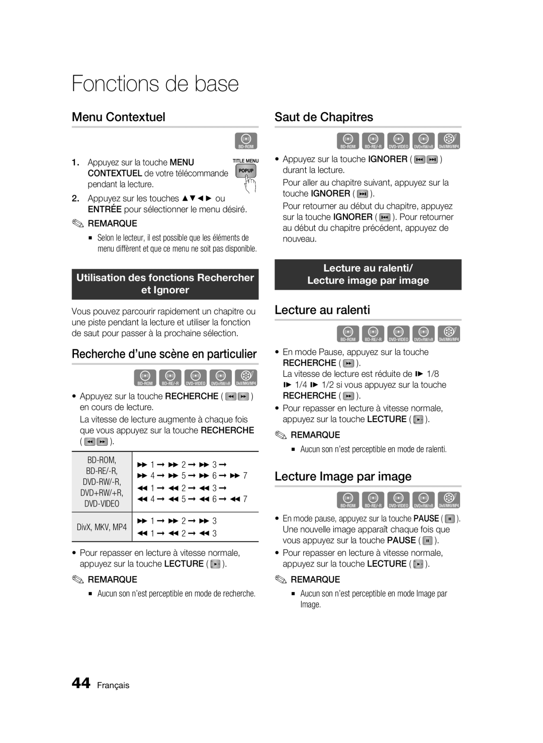 Samsung 01942G-BD-C6300-XAC-0823 Menu Contextuel, Saut de Chapitres, Lecture au ralenti, Lecture Image par image 