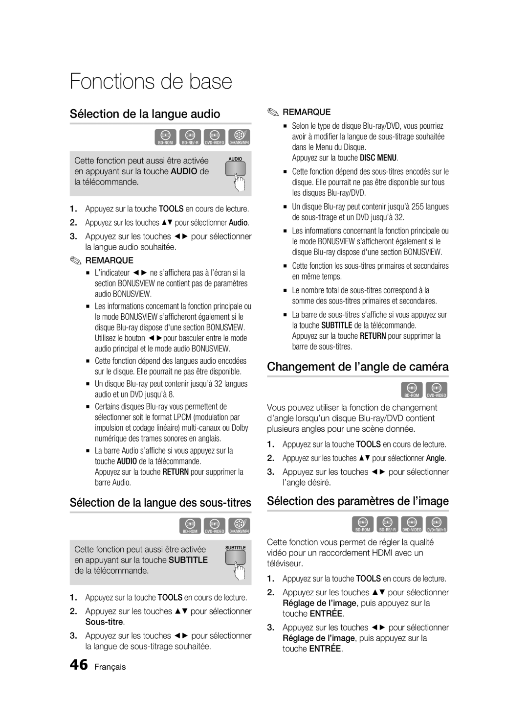 Samsung BD-C6300 Sélection de la langue audio, Changement de l’angle de caméra, Sélection des paramètres de l’image 