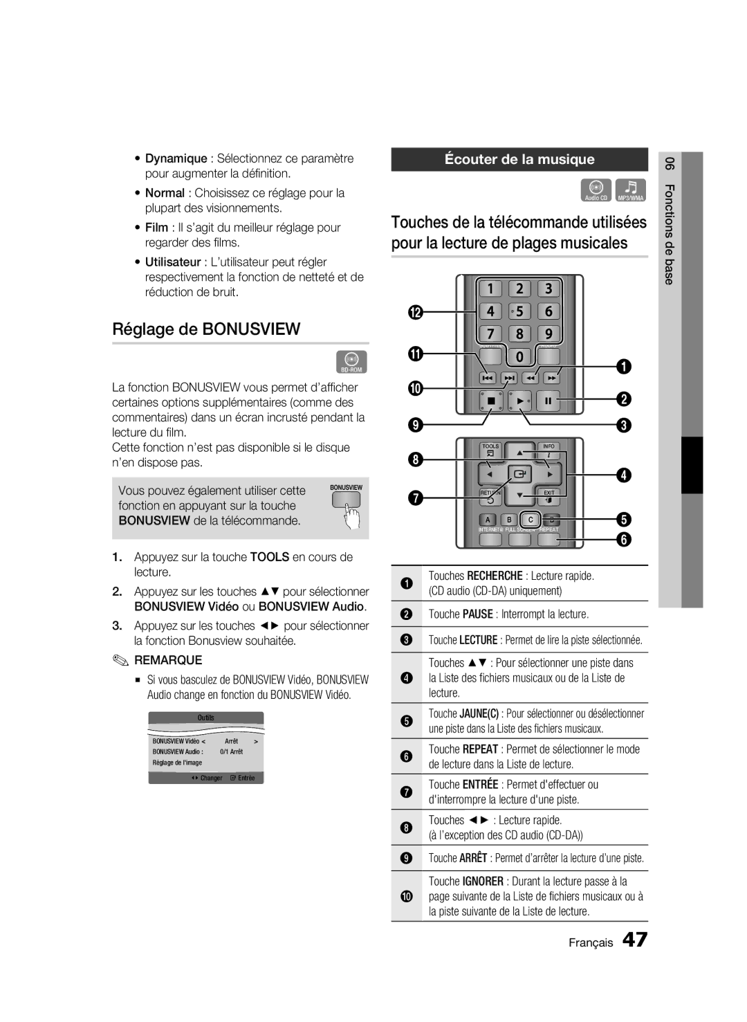 Samsung 01942G-BD-C6300-XAC-0823 user manual Réglage de Bonusview, Écouter de la musique 