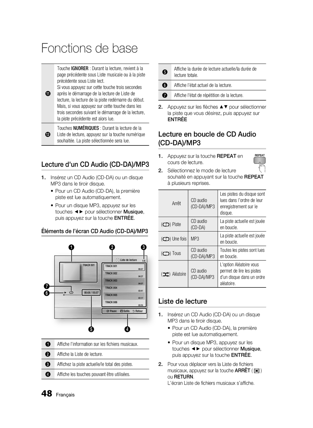 Samsung 01942G-BD-C6300-XAC-0823 user manual Lecture en boucle de CD Audio CD-DA/MP3, Liste de lecture, Lecture totale 