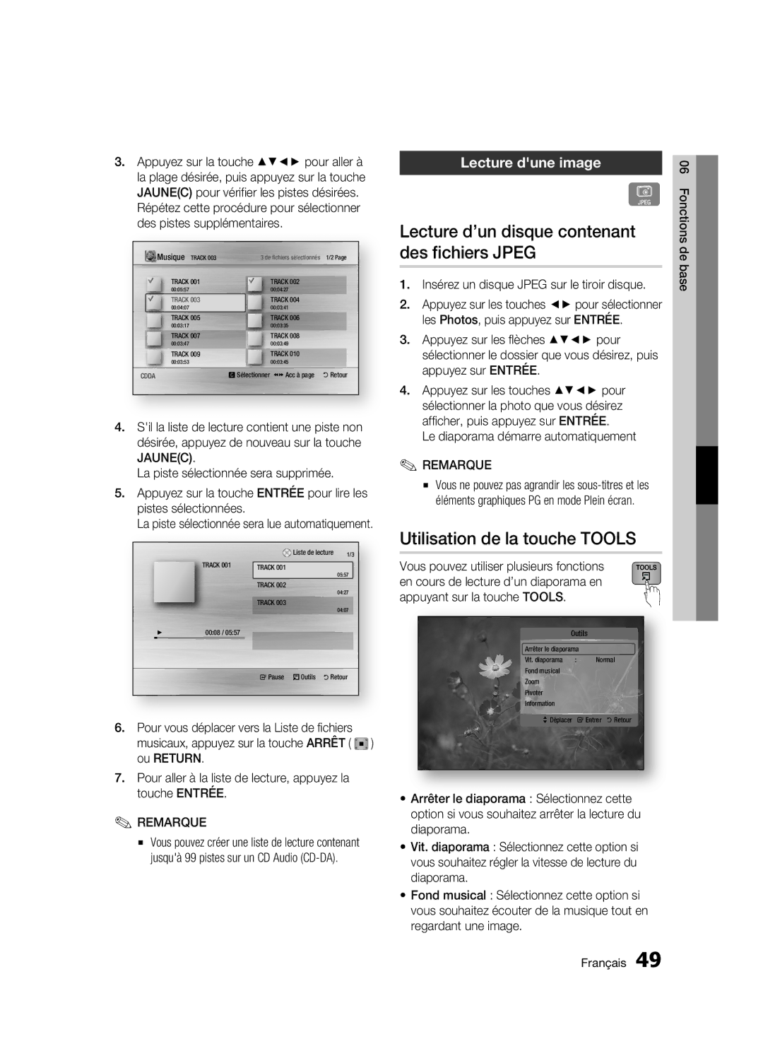 Samsung 01942G-BD-C6300-XAC-0823 Lecture d’un disque contenant des fichiers Jpeg, Utilisation de la touche Tools 