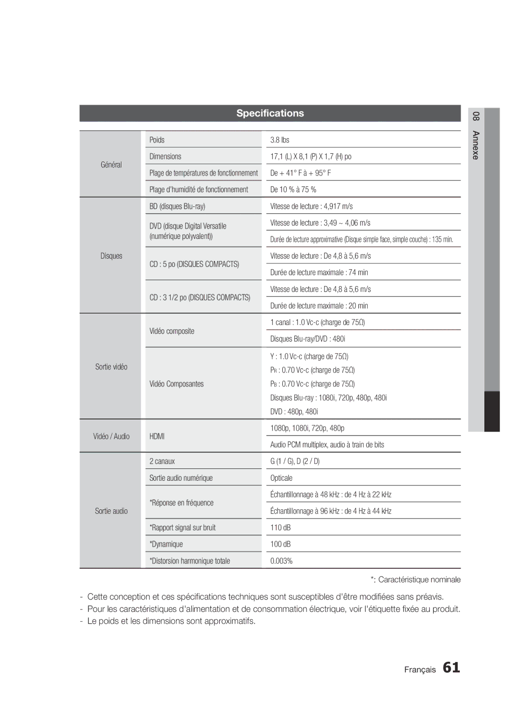 Samsung 01942G-BD-C6300-XAC-0823 user manual Le poids et les dimensions sont approximatifs, DVD disque Digital Versatile 