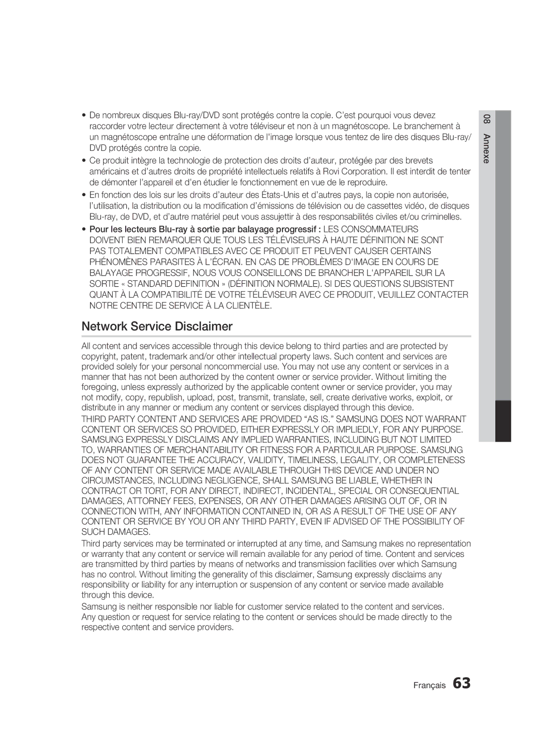 Samsung 01942G-BD-C6300-XAC-0823 user manual Network Service Disclaimer 