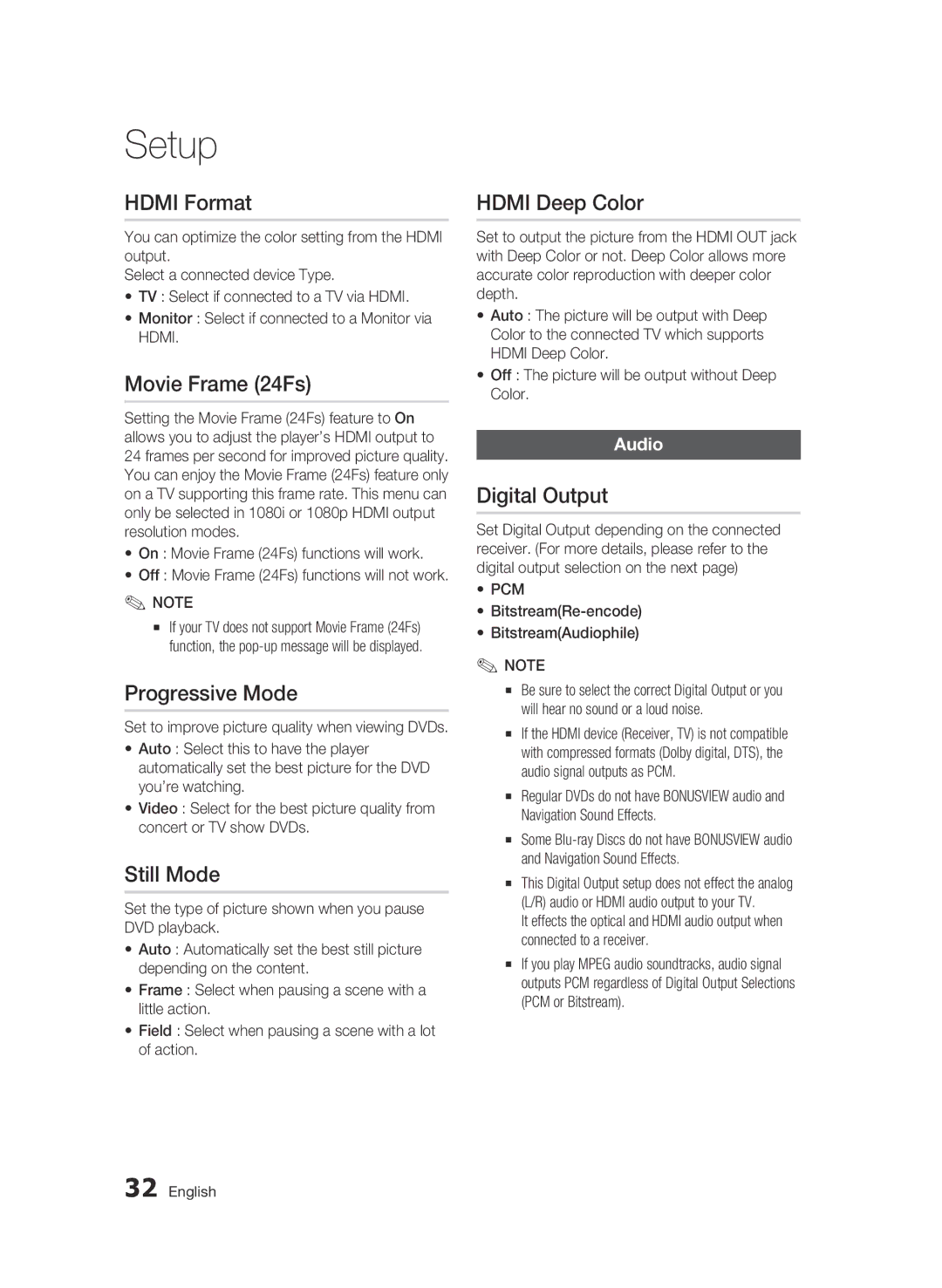 Samsung BD-C6300 user manual Hdmi Format, Movie Frame 24Fs, Progressive Mode, Still Mode, Hdmi Deep Color, Digital Output 