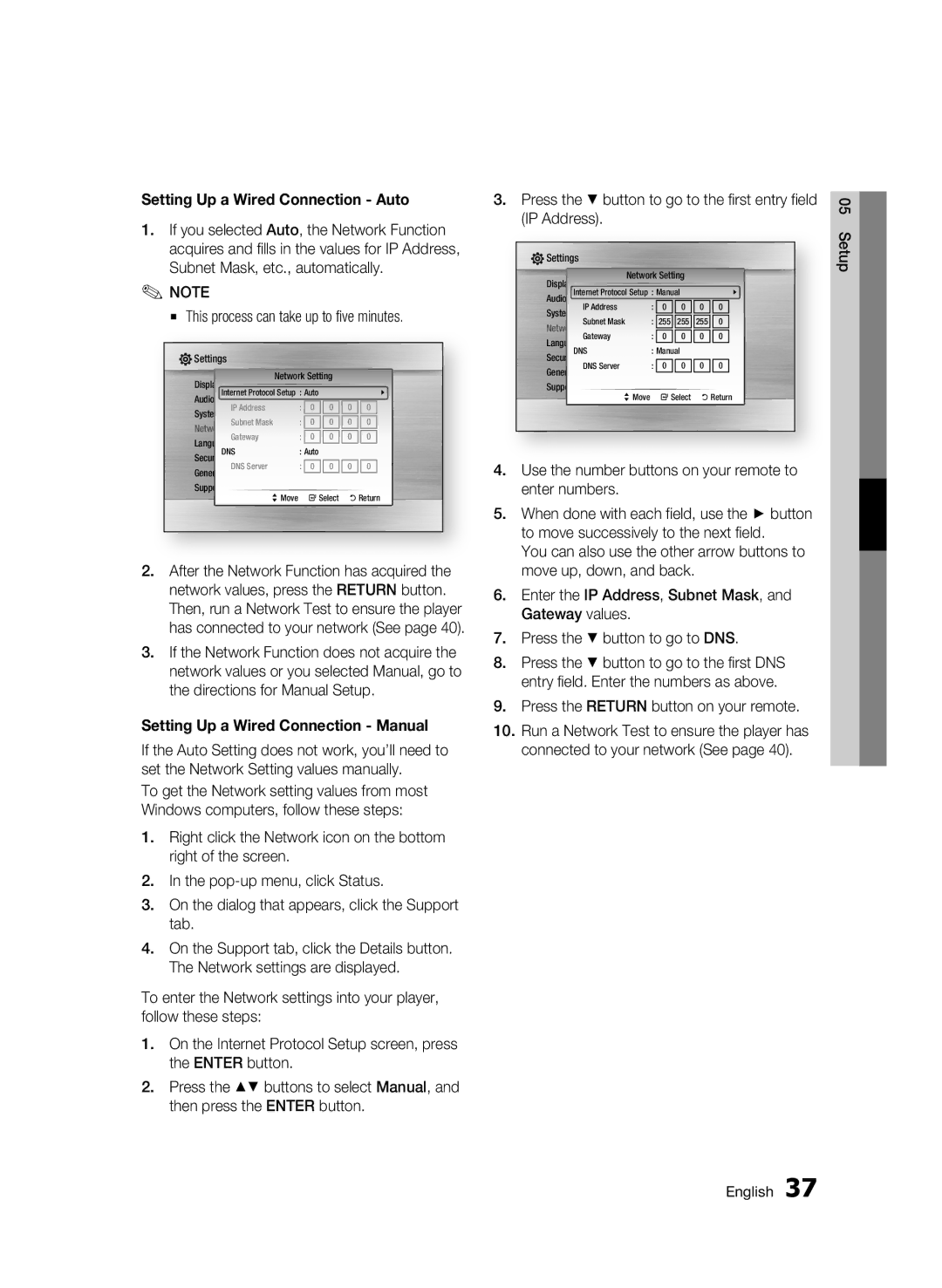 Samsung 01942G-BD-C6300-XAC-0823 user manual Setting Up a Wired Connection Auto, This process can take up to five minutes 