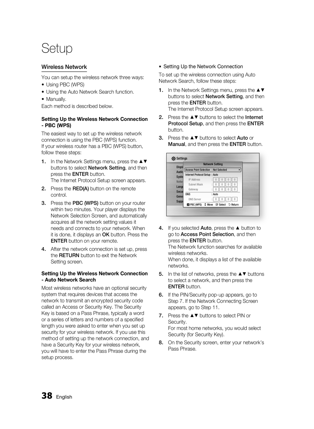 Samsung BD-C6300 user manual Setting Up the Wireless Network Connection PBC WPS,  Setting Up the Network Connection 