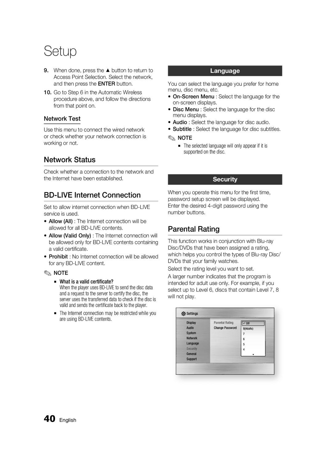 Samsung BD-C6300 user manual Network Status, BD-LIVE Internet Connection, Parental Rating, Language, Security 