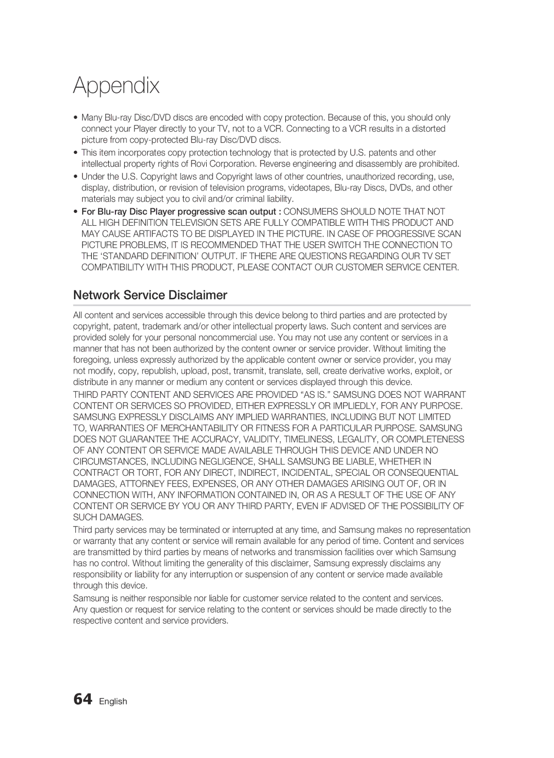 Samsung 01942G-BD-C6300-XAC-0823 user manual Network Service Disclaimer 