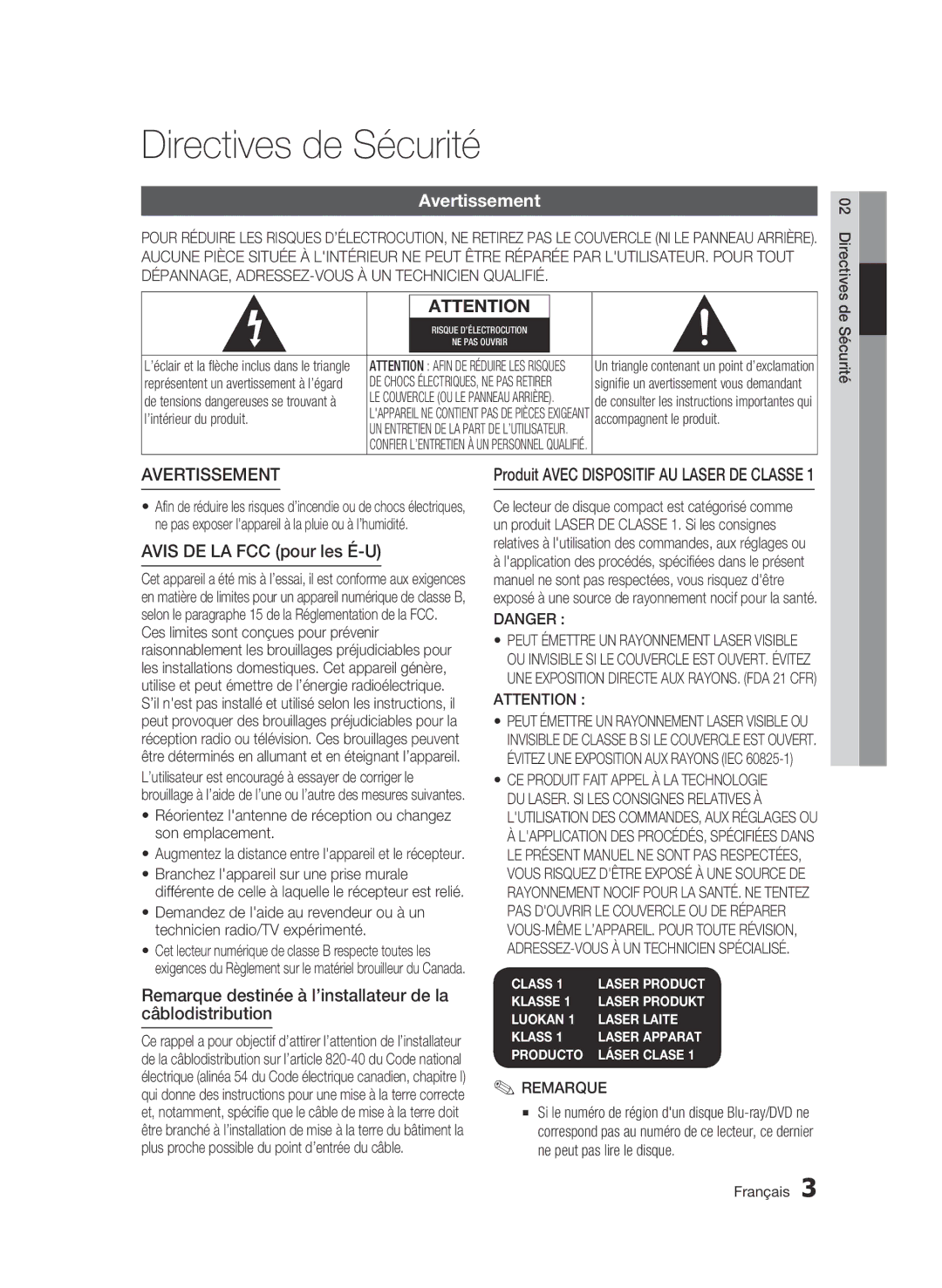 Samsung 01942G-BD-C6300-XAC-0823 user manual Directives de Sécurité, Avertissement, Avis DE LA FCC pour les É-U, Remarque 